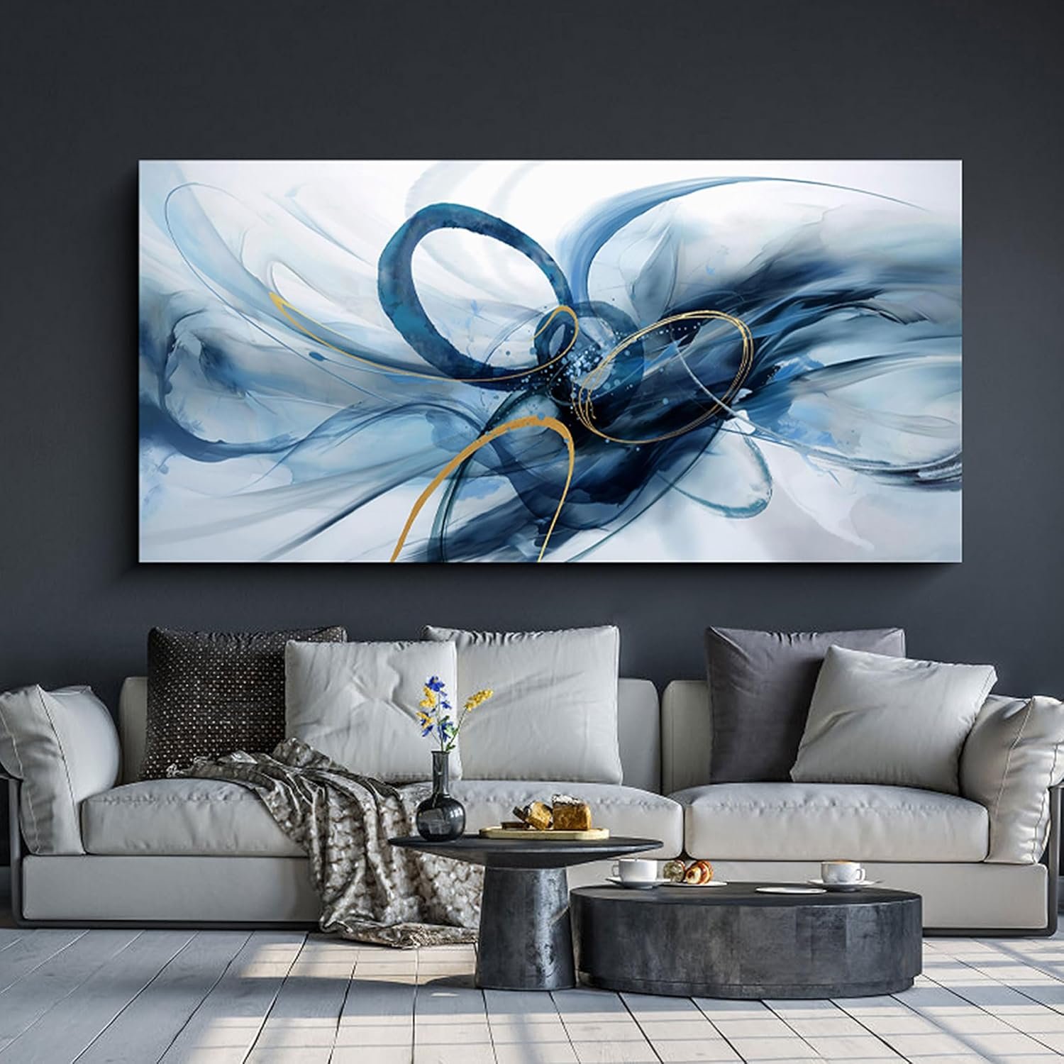 XLSJERST Abstract Wall Decor Living Room – Modern Canvas Wall Art Blue and White Picture Artwork for Office Bedroom Home Decoration