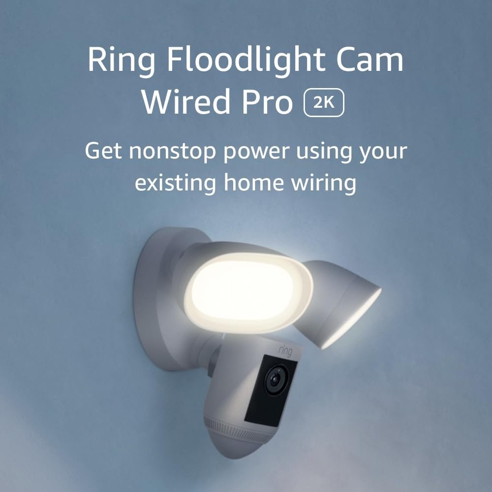 Ring Floodlight Cam Wired Pro, Home or business security, Retinal 2K Video, Color Night Vision and Two-Way Talk with Audio+, White