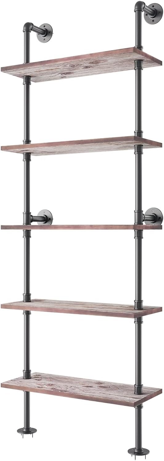 Yuanshikj 5 Tier Industrial Pipe Solid Wood Ladder Shelf/Shevles/Shelving Bookshelf/Bookcase Metal Iron Planks Rustic Wall Mounted for Living Room Decor Storage (5 Tier with 24″ Solid Wood)