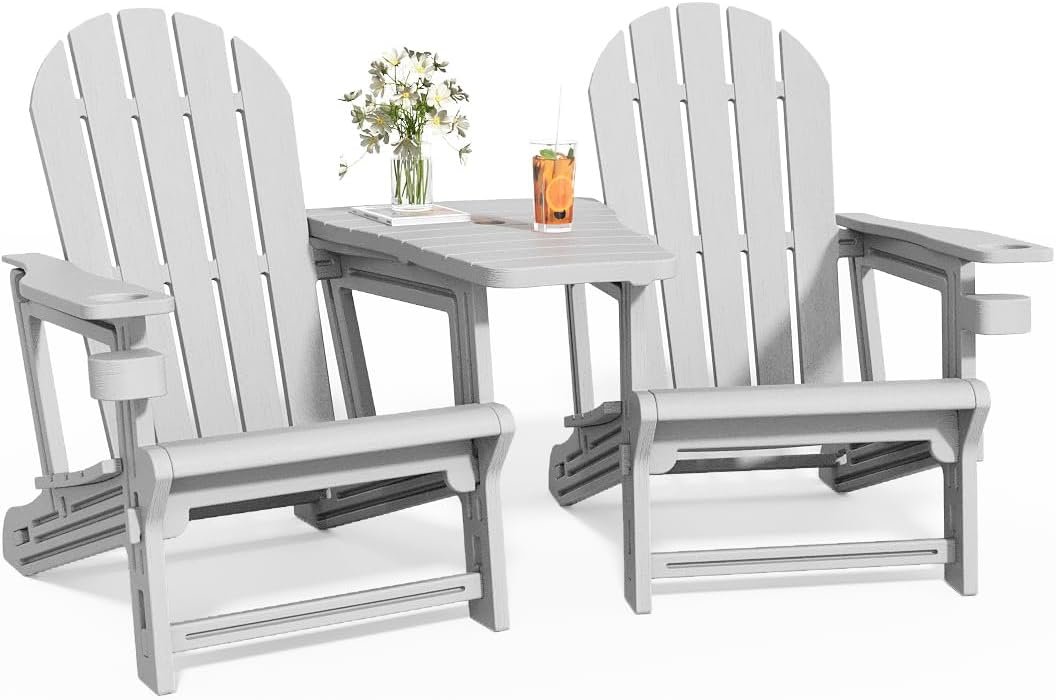 Adirondack Chair Set of 2, All Weather HDPE Adirondack Chair with Double Connecting Trays, Plastic Adirondack Chairs for Balcony, Deck, Patio, Backyard, Garden, Grey