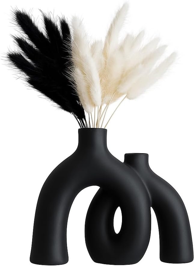 Matte Black Ceramic Vase Set – Modern Hug Donut Ceramic Vases by JAS & JAX GOODS, Minimalistic Nordic Home Decor Centerpiece for Console Tables, Living Room, Bookshelf, or Fireplace Mantel