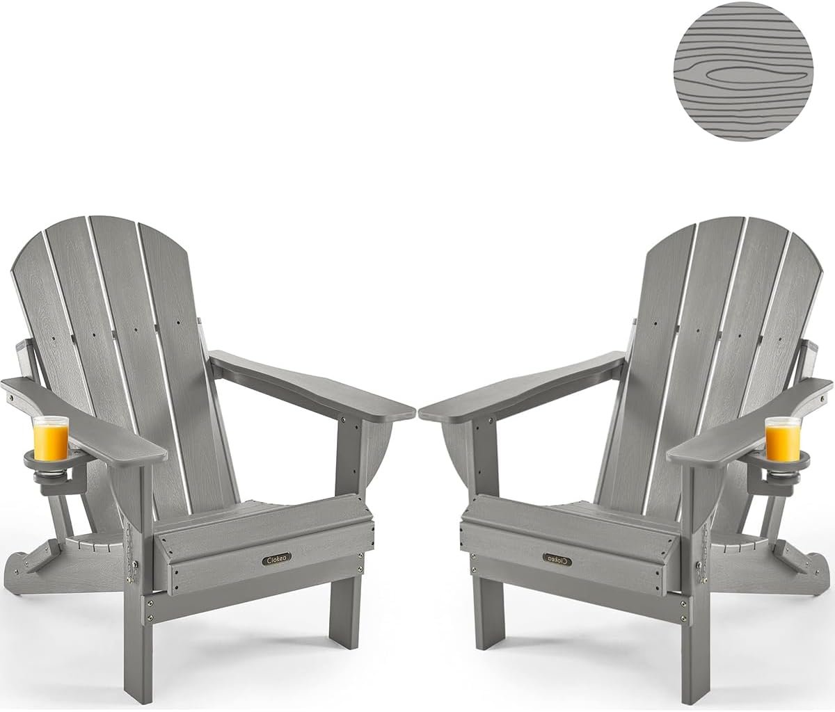 Ciokea Folding Adirondack Chair 2 Pack, Patio Adirondack Chair Weather Resistant, Plastic Fire Pit Chair with Cup Holder, Lawn Chair for Outdoor Porch Garden Backyard Deck (Grey)