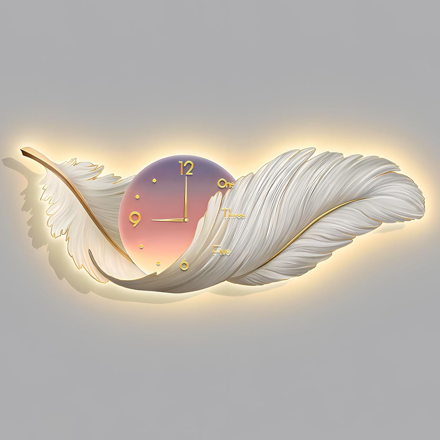 Feather Wall Decor Clock, Large 3D Wall Art Decor with LED Light and Clock, Modern Boho Plume Decorative Wall Clock Acrylic Painting for Living Room Bedroom Decor (39.4×13.8IN)