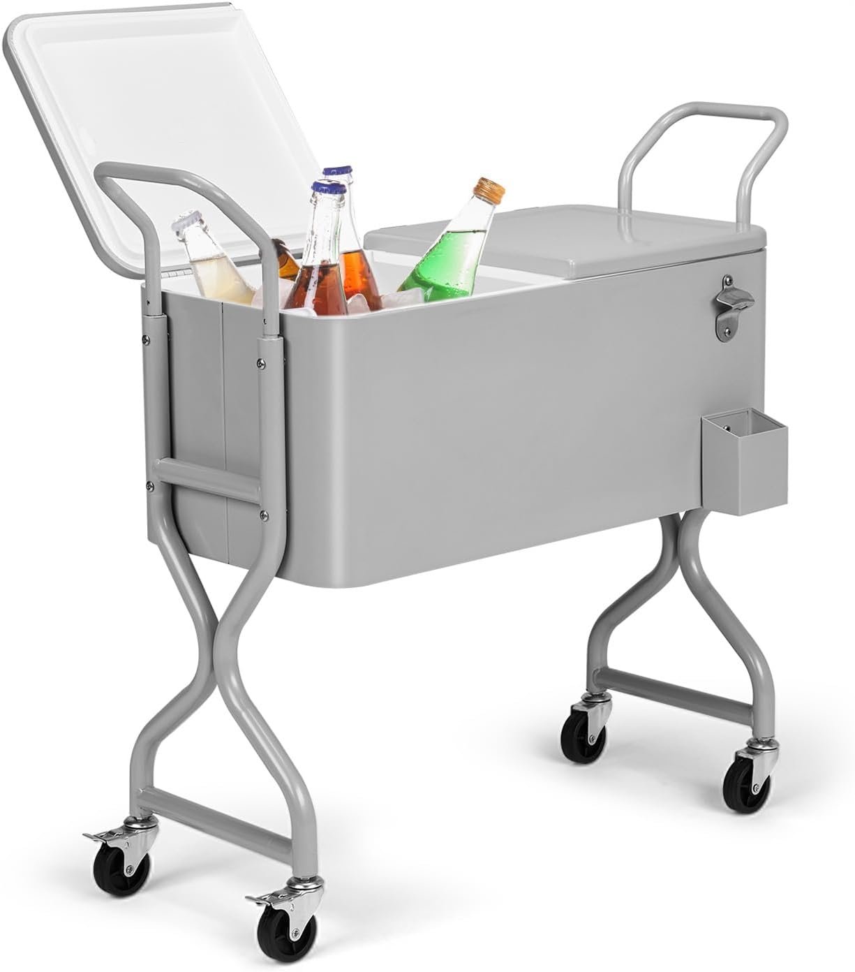 80 Quart Outdoor Rolling Ice Chest Cooler Cart，Portable Patio Party Standing Cooler on Wheels with Bottle Opener, Handles and Drainage, for BBQ and Camping, Grey