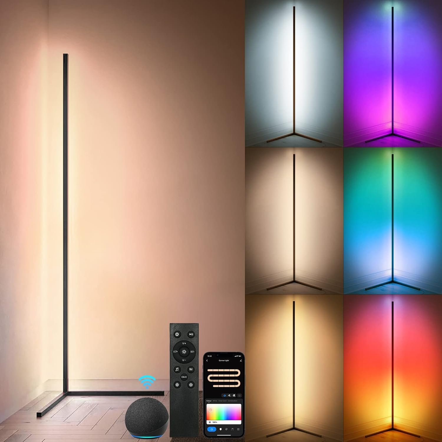 RGBWW Corner Lamp, Color Changing Floor Lamps for Living Room, Compatible with Alexa, Google Home, WiFi APP Remote Control, 2700k-6500k Smart LED 61″ Tall Standing Lamp for Bedroom Game Room