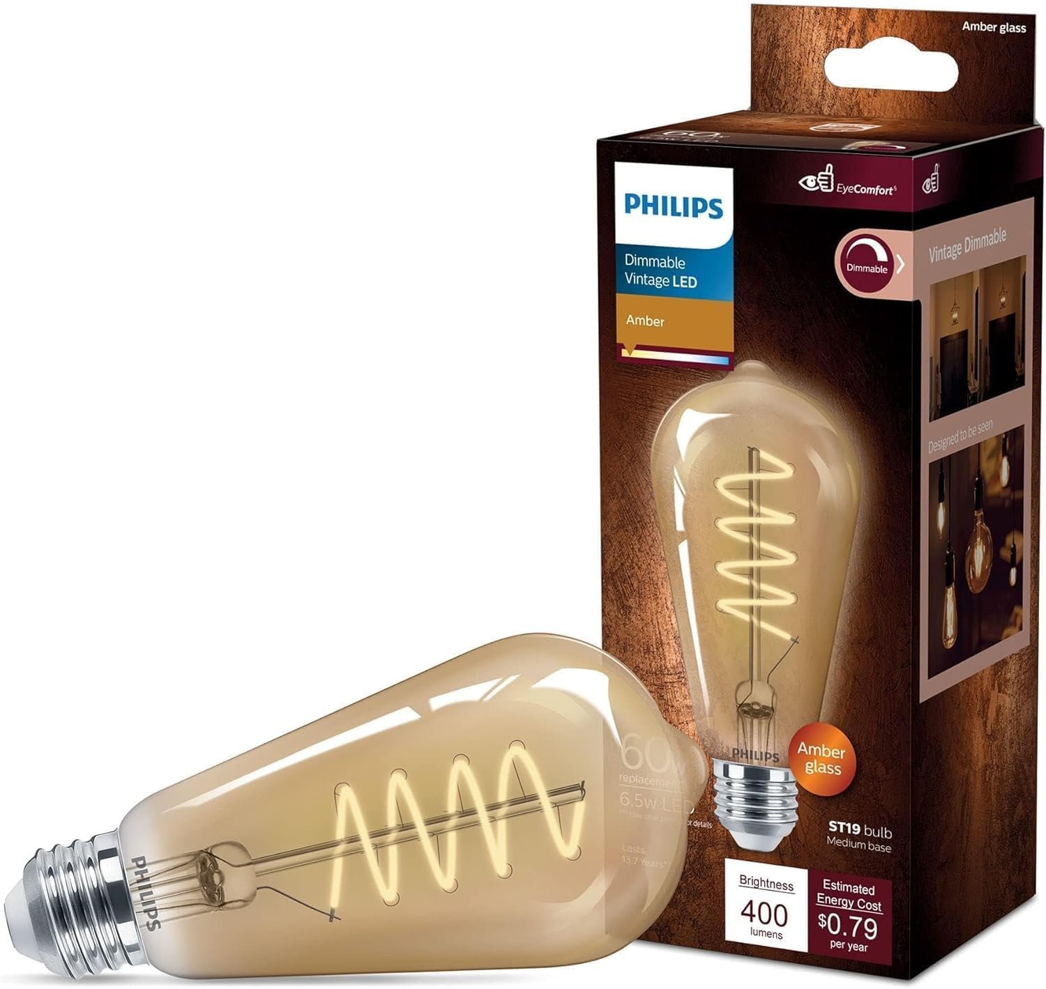 PHILIPS LED 60W ST19 1-Pack Vintage Edison Spiral Amber (2000K) 400 Lumen (6.5W = 60W) Dimmable Flicker-Free Light Bulb