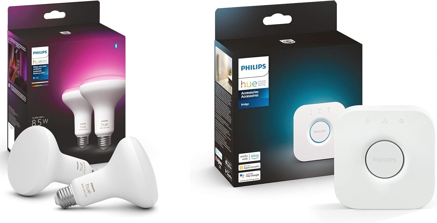 Philips Hue Smart Lighting Bundle: 2-Pack BR30 LED Smart Light Bulbs (White and Color Ambiance) with Philips Hue Bridge – Control with Hue App, Compatible with Alexa, Google Assistant, Apple Homekit