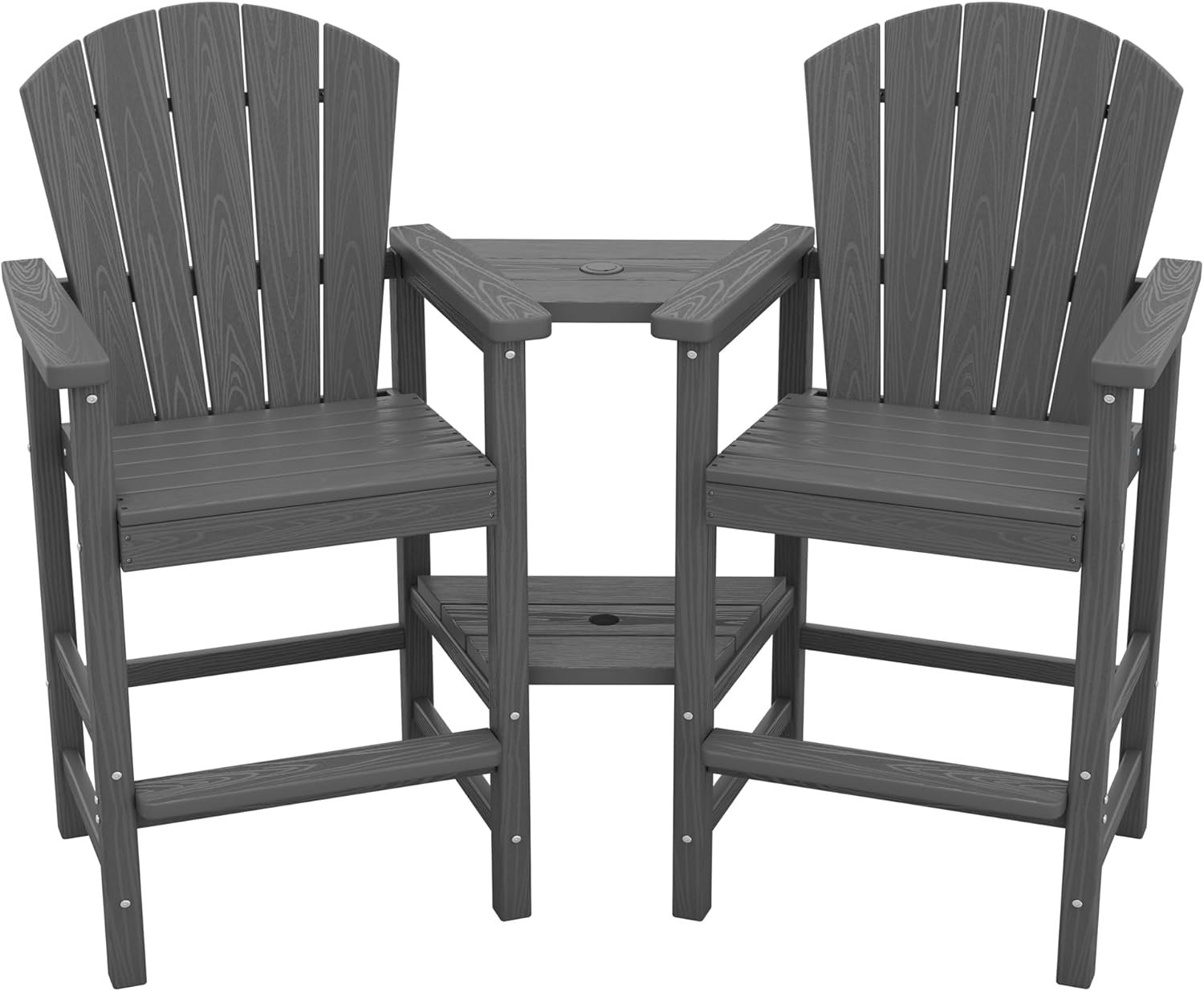 SERWALL Tall Adirondack Chairs Set of 2 with Double Layer Connecting Tray, HDPE Bar Height Outdoor Chairs, Wood-Like Adirondack Bar Stools for Patio, Balcony, Porch, Grey