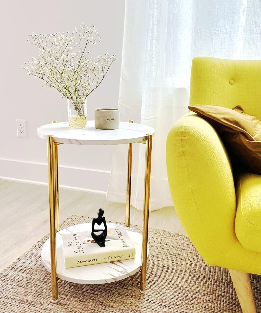 Small Round Side Table, 2-Tier Gold End Table with Faux Marble Top for Small Spaces, Modern Side Table for Living Room, Couch, or Bedroom Nightstand (1 pcs Gold, Round)