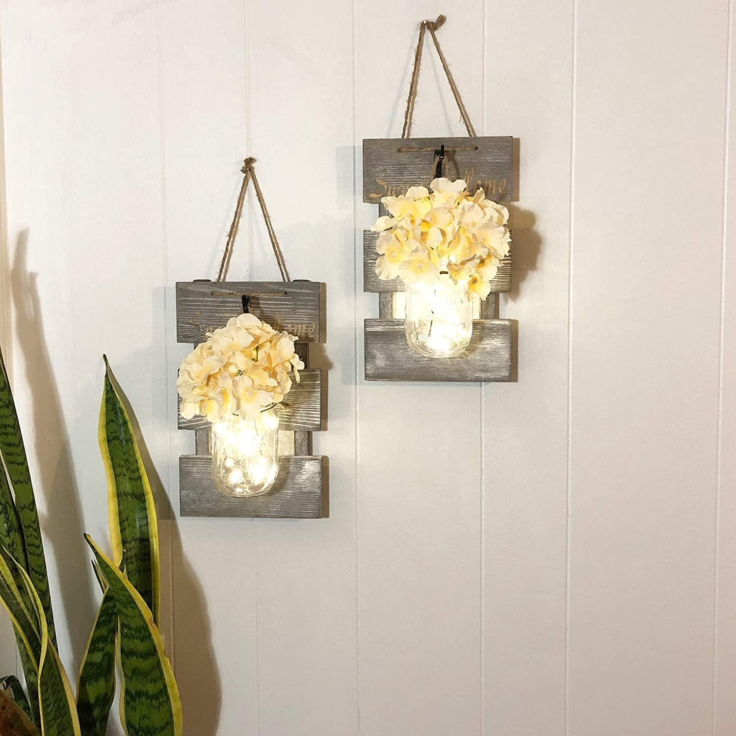 Set of 2 Rustic Wall Sconces – Mason Jars Sconce, Rustic Home Decor, with LED Fairy Lights, Flowers for Home Decoration Gift (Grey)