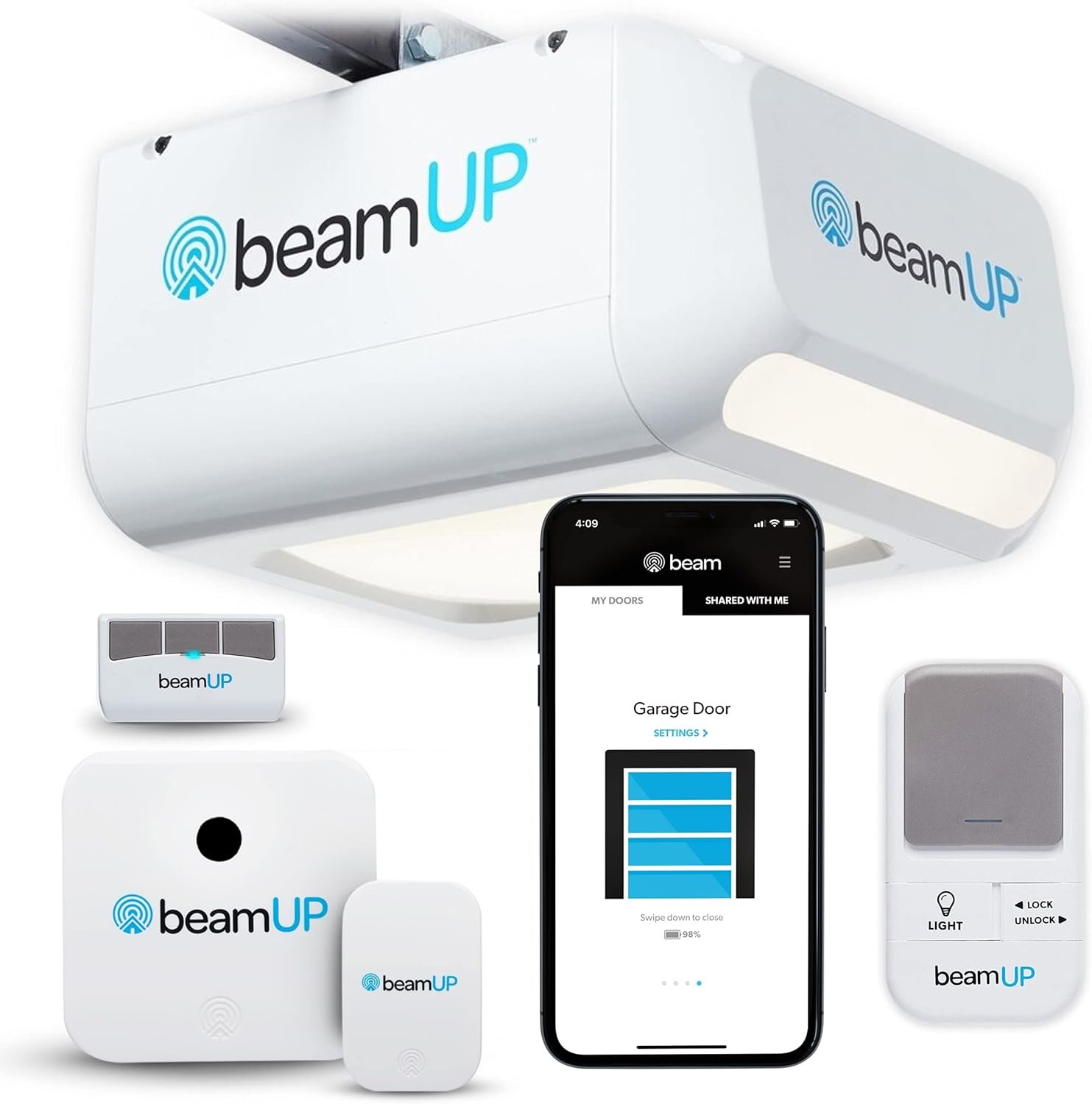 Sentry BU400 Smart Garage Door Opener, Heavy-Duty 3/4 Horsepower Equivalent DC Motor, Integrated Edge-to-Edge 3000-Lumen LED, with Beam Home App for Smart Garage Control, White