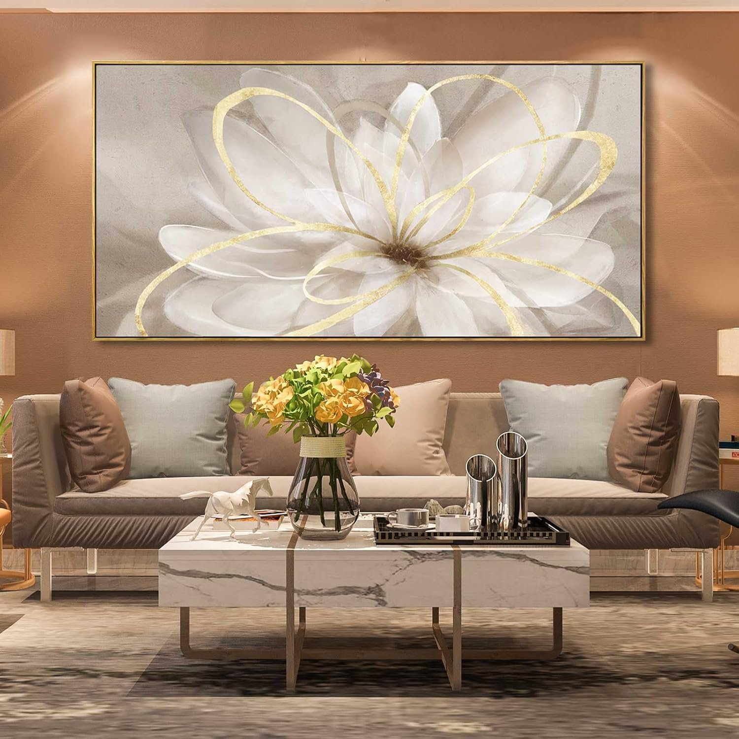 SOUGUAN Room Decor Large Canvas Wall Art Living Room Decor Gold Wall Decor Line Picture Artwork White Floral Wall Decor Modern Painting for Bathroom Bedroom Office 30×60 Inches