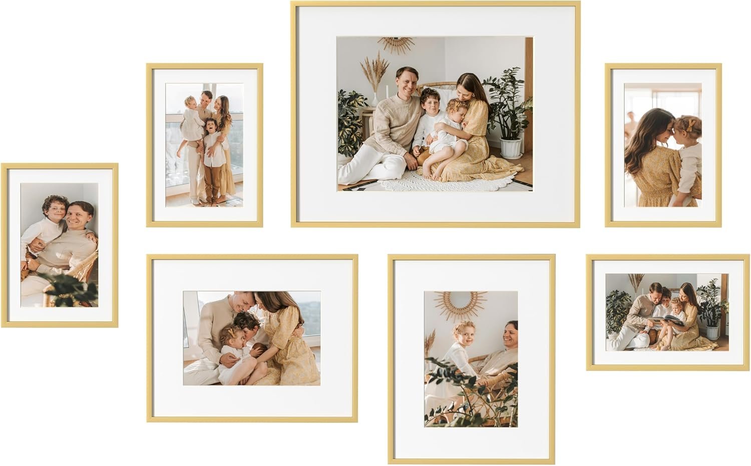 eletecpro Aluminum Gallery Wall Frame Set of 7, Including 1Pc 11×14, 2Pcs 8×10, 4Pcs 5×7 Photo Frames for Wall or Tabletop Display, Multiple Sizes Picture Frames Collage Wall Decor, Gold