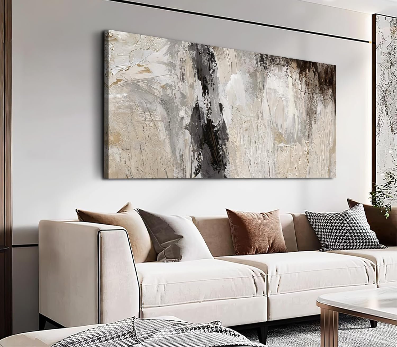 NINEASO Large Neutral Abstract Wall Art (Beige, Gallery Wrap, 48″ X 24″), Modern Abstract Artwork Pictures Wall Decor Retro Painting Rustic Canvas Prints for Living Room Office Decoration