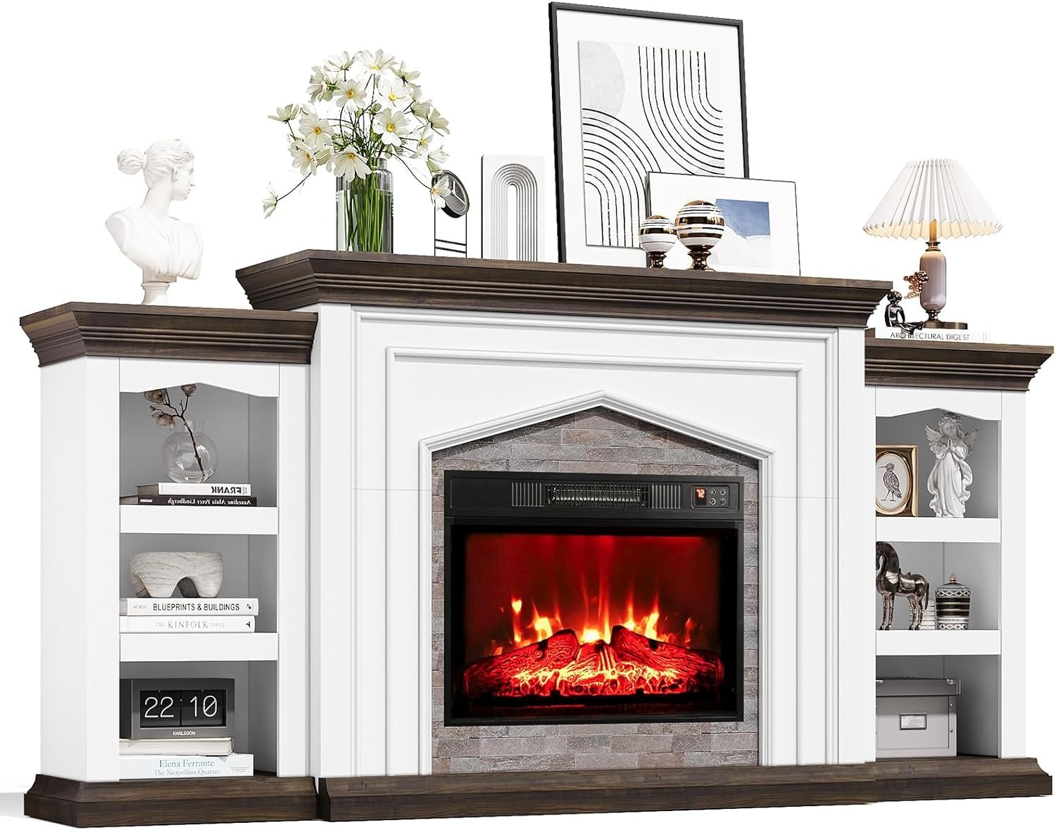 Naice 80″ Electric Fireplace with Mantel, Fireplace TV Stand for TVs Up to 90in, Farmhouse Entertainment Center with Storage Cabinets, 23″ Insert Heater w/Realistic Flame for Living Room, Brown