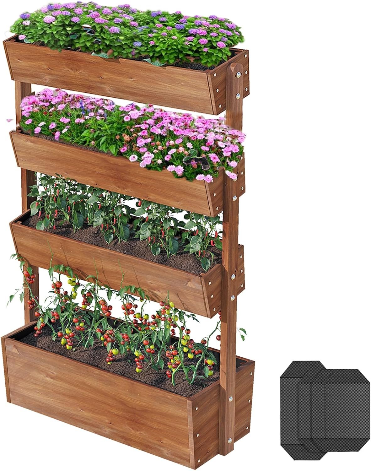 4-Tiers Raised Garden Bed,Vertical Garden Planter,Planter Box,Fir Wood Adjustable Freestanding Elevated Herb Stand Tower,Flower Strawberry Vegetable for Outdoor Balcony,33x17x55 Inches,Brown