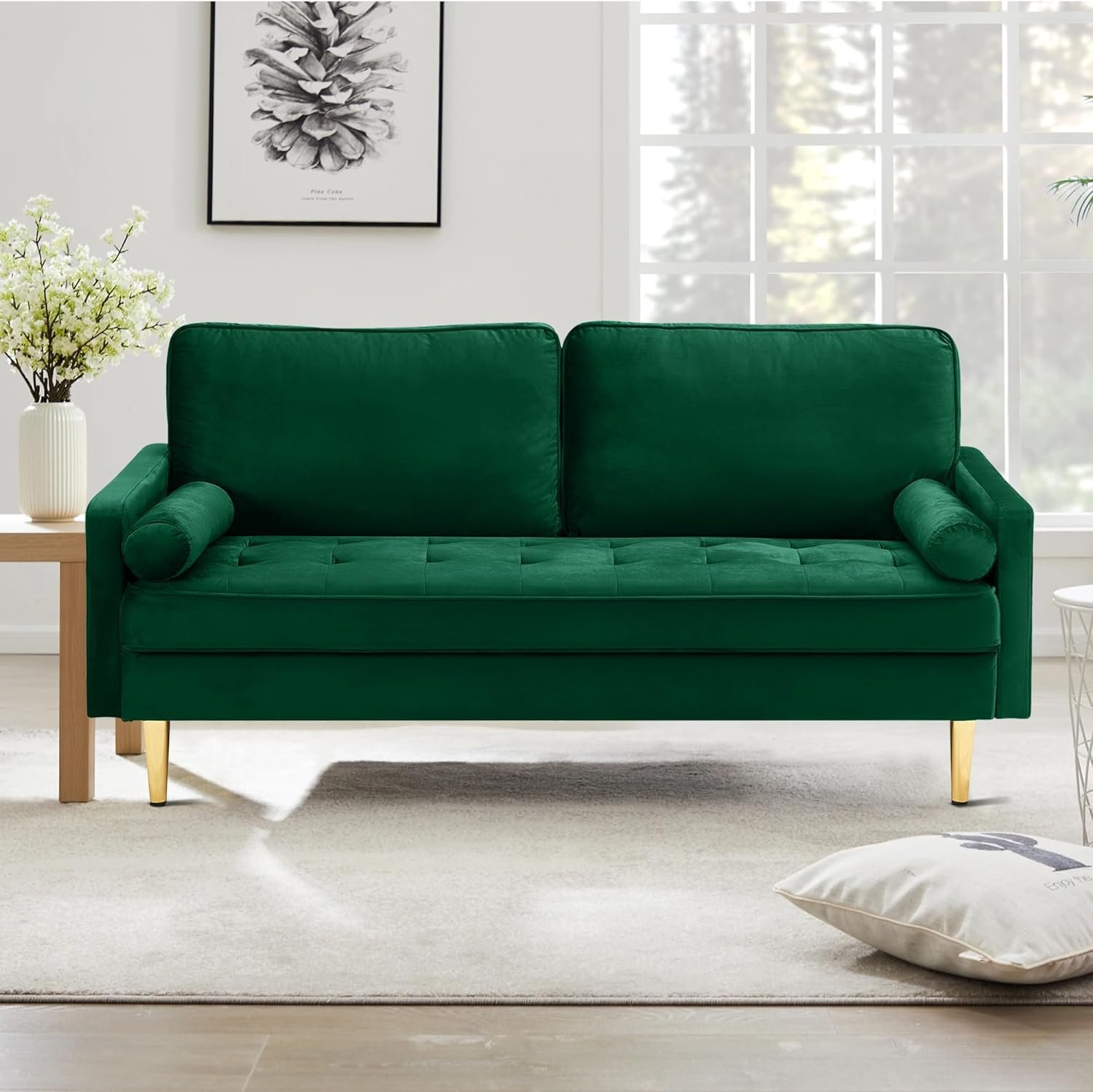 Velvet Loveseat Sofa,Mid Century Modern Small Love Seats Furniture Comfy Couch for Living Room, Upholstered 2 Seater Sofa for Small Apartment (Green, 66.9 Inch)