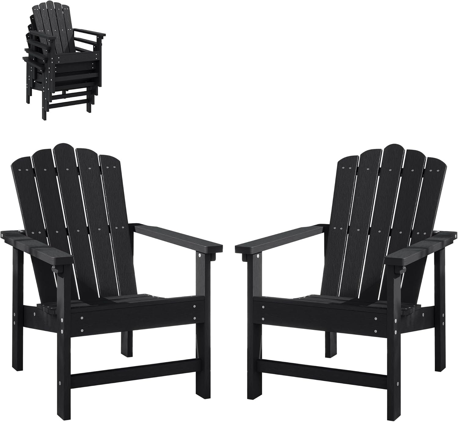 Stackable HDPE Adirondack Chairs Set of 2 – Durable, Weather-Resistant Outdoor Patio Seating, Low Maintenance Poly Lumber Chairs for Porch, Deck, Garden, Fire Pit (Black)