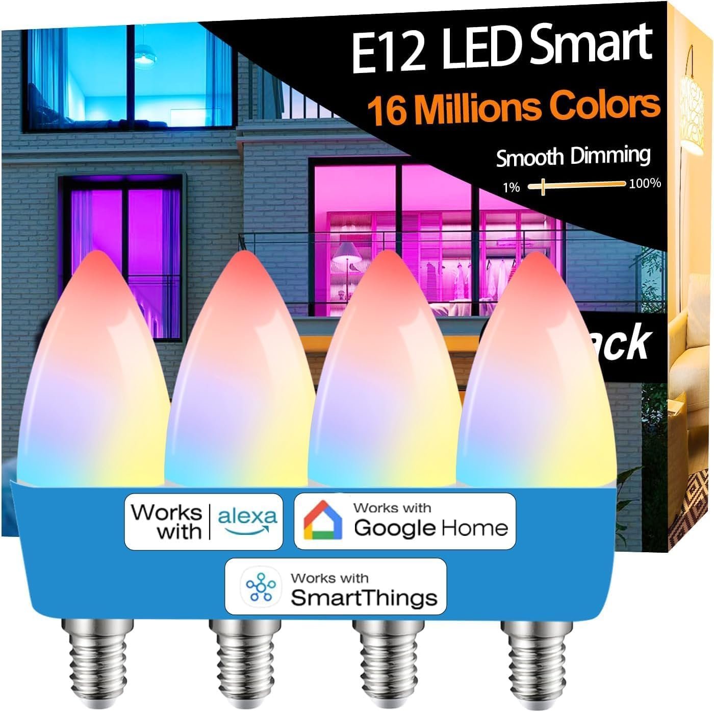 Vinaco E12 Smart LED Bulb 5W 600LM, 4 Pack E12 LED Light Bulbs Color Changing WiFi Bluetooth Work with Alexa & Google Assistant, Smart E 12 Candelabra Bulb 60 Watt E 12 Base, RGB Light Bulbs B11