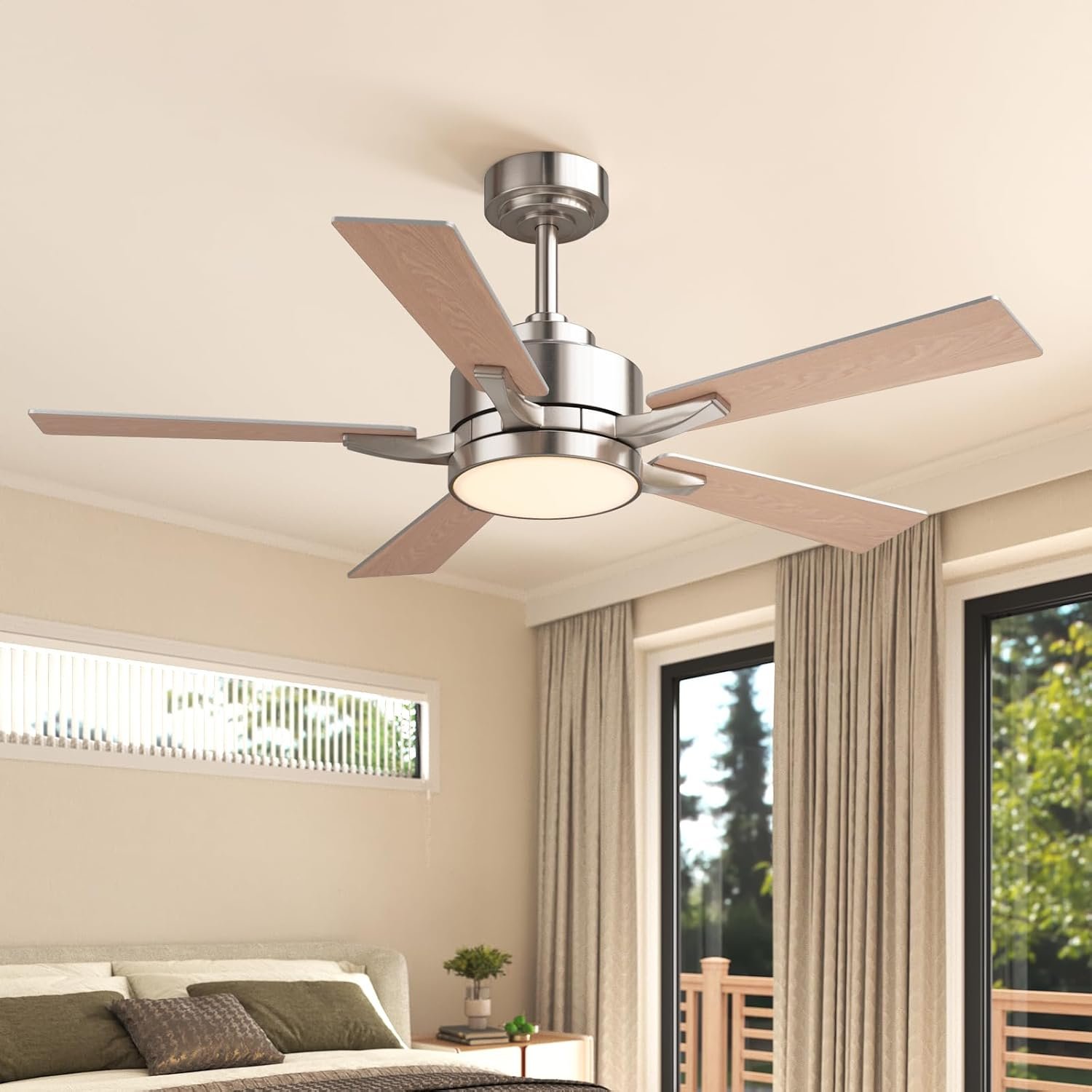Ceiling Fan with Light, 42″ Modern Low Profile Ceiling Fan with Light, DC Reversible Motor, Smart APP & Remote Control, Whisper Quiet, Dimmable LED for Bedroom/Living Room