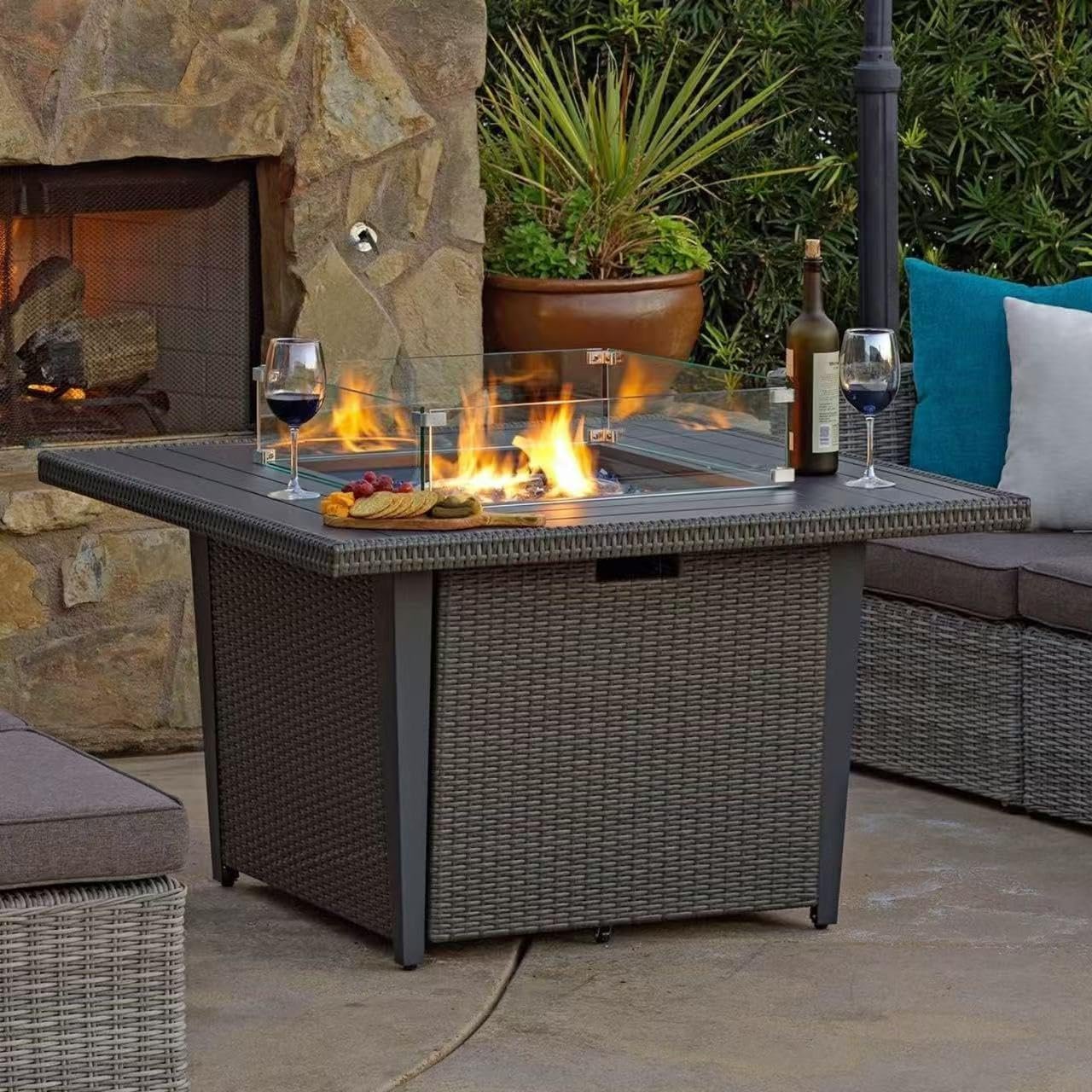 42” Propane Fire Pit Table, 50,000 BTU Outdoor Gas Fire Table with Lid, Square Aluminum Fire Table with Wind Guard and Weather Cover, 2 in 1 Rattan Firepit Table for Outside Patio, Backyard, Gray
