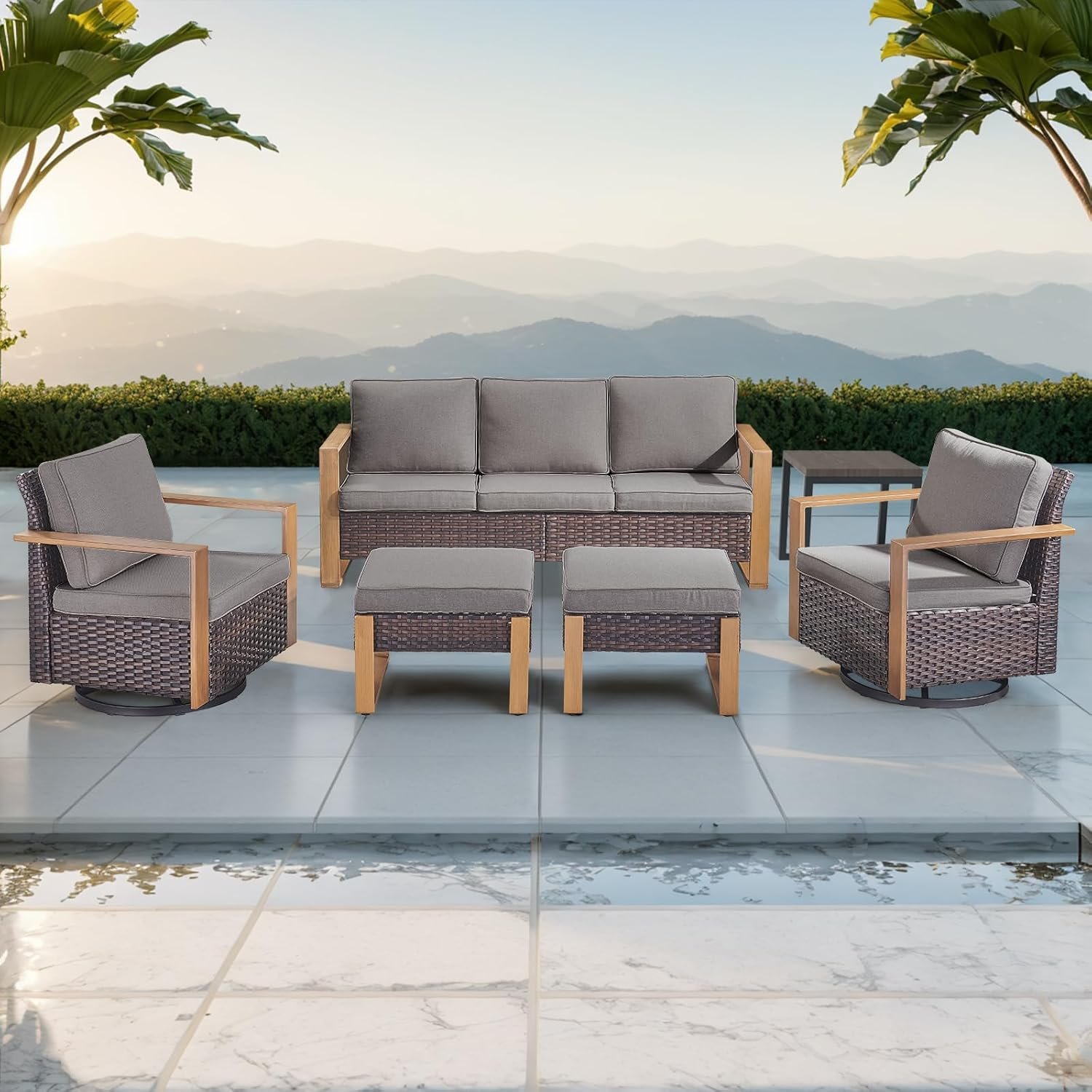 Rilyson Outdoor Wicker Patio Furniture Set – 6 Piece Patio Conversation Set with 2 Wicker Swivel Rocker Chairs,2 Rattan Ottoman,1 Side Table and 1 Couch,Thick Cushions,Deep Seating(Brown/Grey)