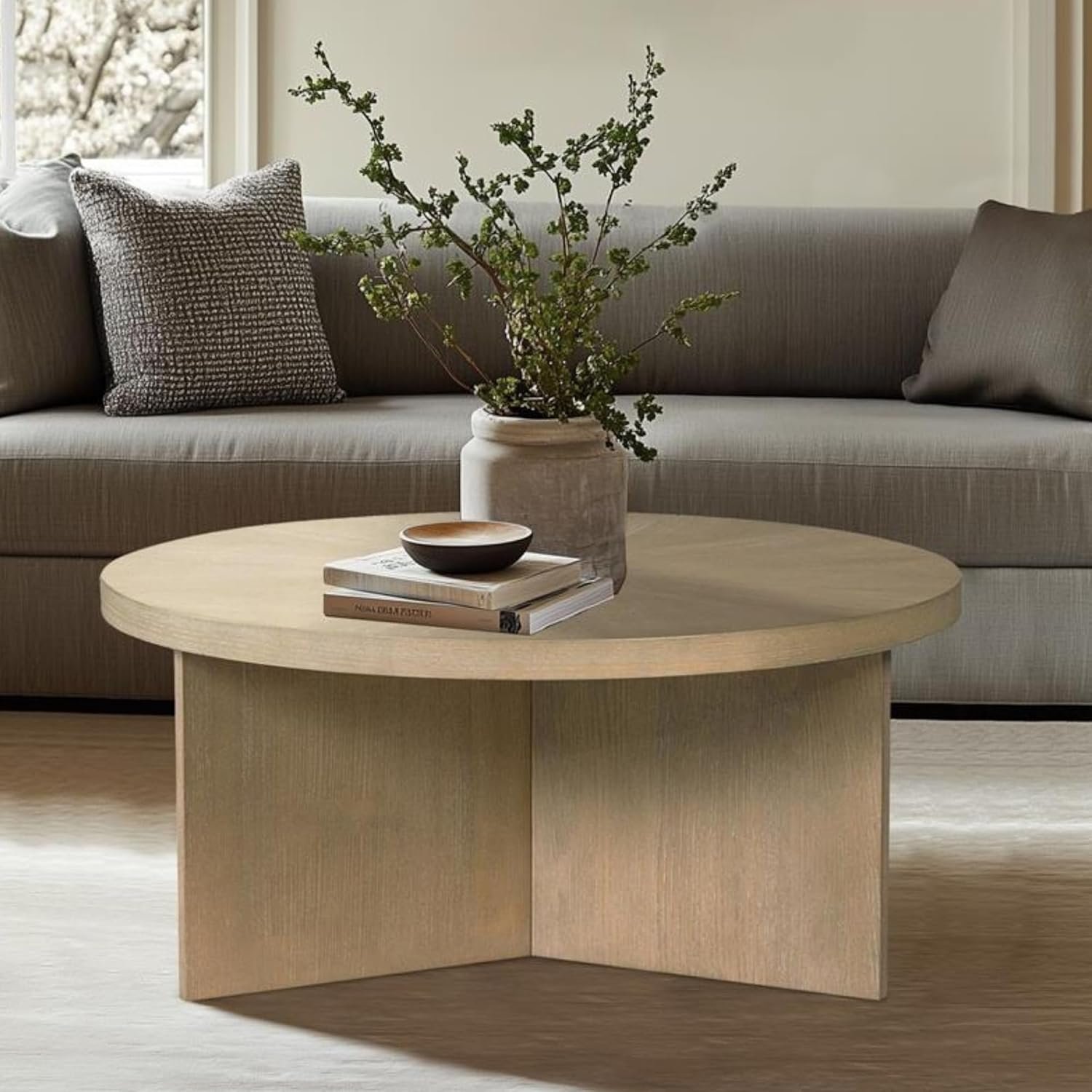 Martha Stewart Sadie Round Coffee Table – Starburst Veneer Top, Reclaimed Greige Wood Finish, Modern Accent for Living Room, Lounge, or Sitting Area, 36″ Dia x 16.5″ H