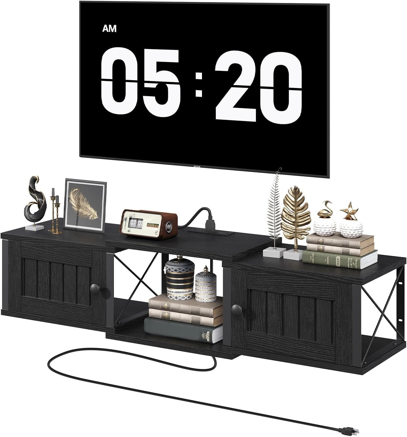 Farmhouse Floating TV Stand with Power Outlet, Wall Mounted Entertainment Center with Doors, Floating Media Console Cabinet with Storage, for Living Room, Bedroom, Black TVBK401E01