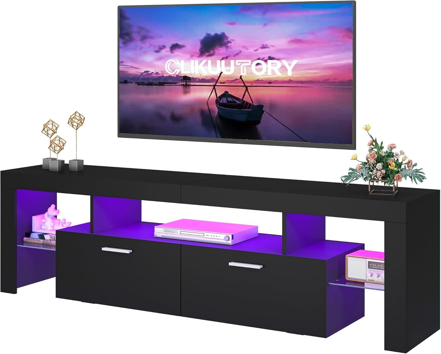Clikuutory Modern Lighting 63 inch TV Stand with Large Storage Drawer for 50 55 60 65 70 75 Inch TVs, TV Console with 20 Color LED Lights, Entertainment Center Media and Open Shelf for Bedroom, Black