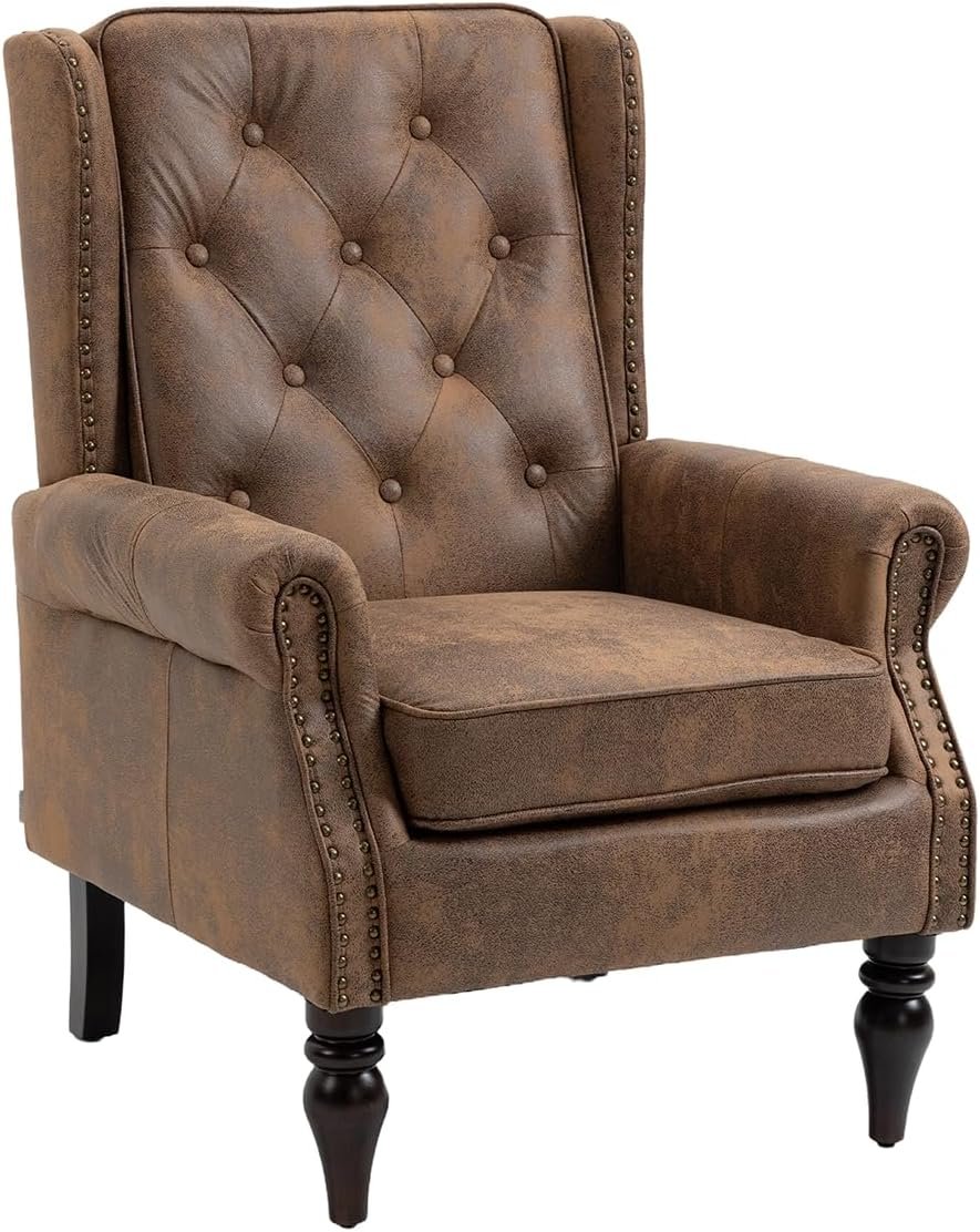 Mid-Century High Wingback Chair, Microfiber Accent Chair Armchair with Buttons,Modern Living Room Chairs with Rivet Decoration,Leisure Single Sofa Chair for Bedroom,Club,Home Reception (Coffee.)