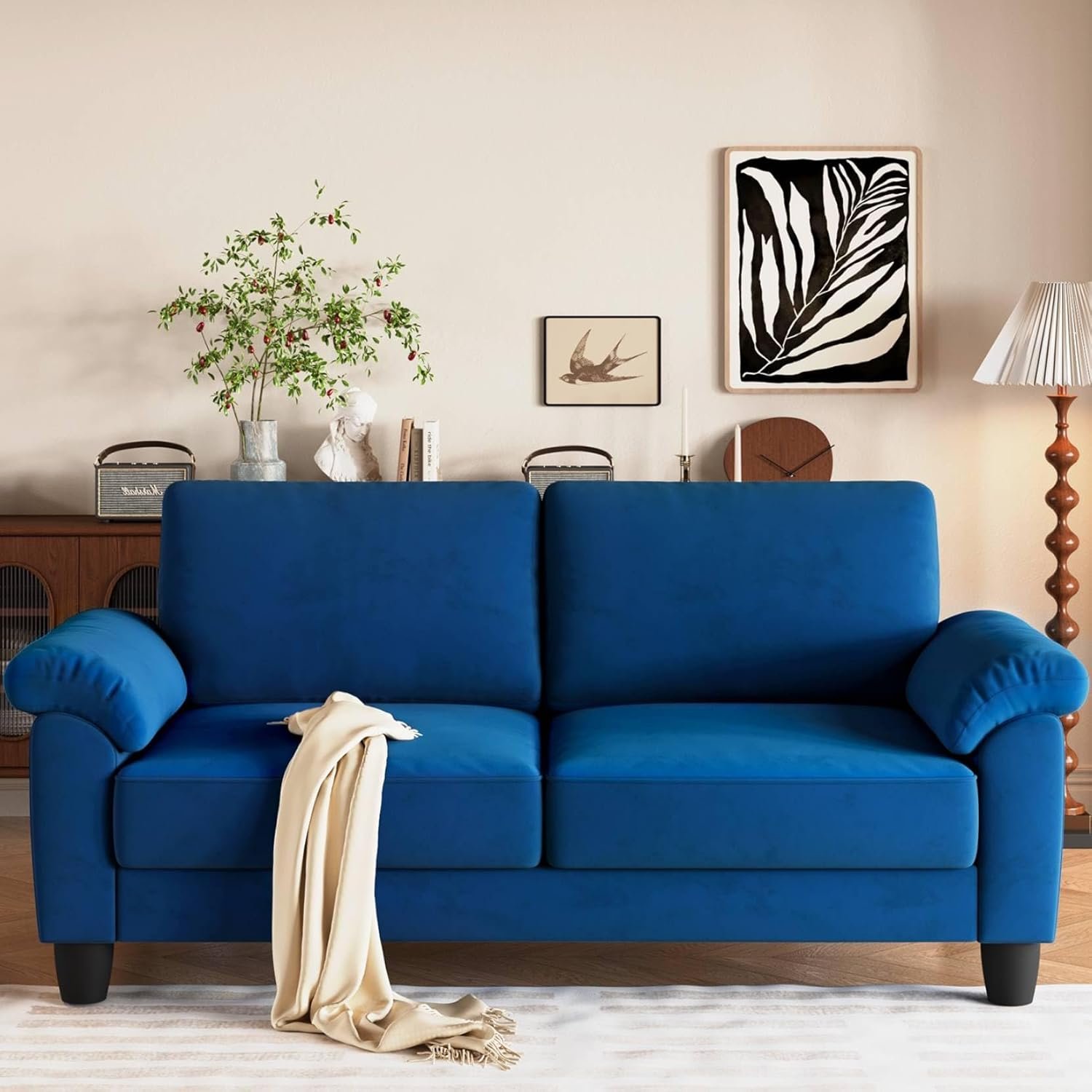 70″ Living Room Couch Sofa, Velvet Deep Couches for Small Spaces, Mid Century Modern Loveseat with Storage Bag, Bedroom, Apartment, Office, Removable Sofa Cover Spring Cushions, Fast Assembly, Blue