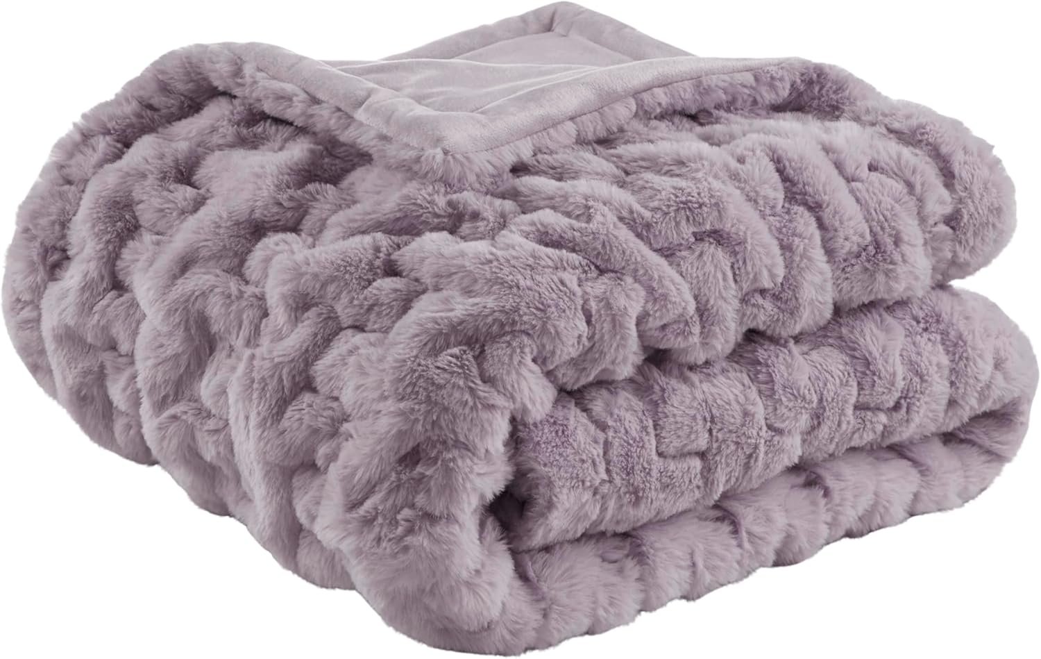 Madison Park Ruched Faux Fur Luxury Throw Lavender 50*60 Premium Soft Cozy Brushed Long Faux Fur For Bed, Coach or Sofa