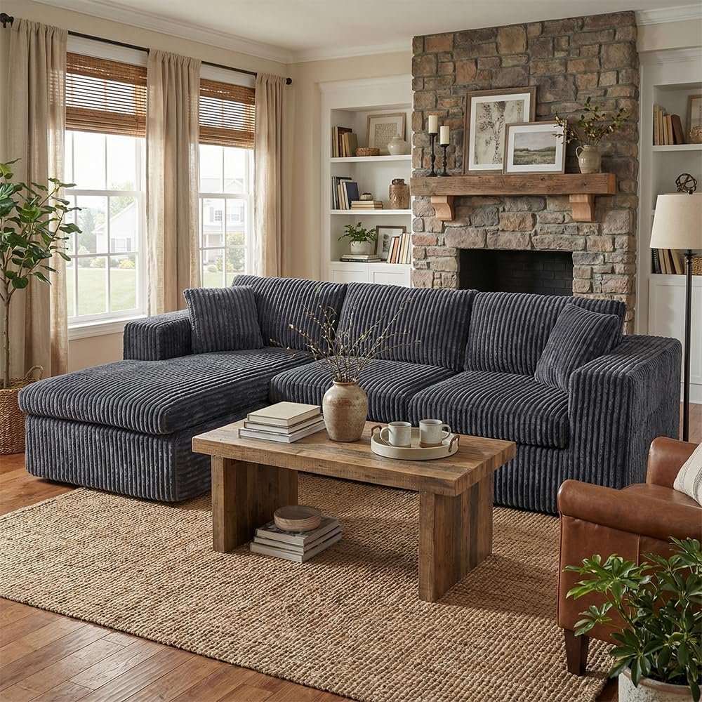 Shintenchi 105″ Modular Sectional Sofa, Boneless L Shaped Couch with Deep Seat, Cloud Foam Couch with Oversized Chaise, Plush Cordurory Sofa No Assembly Needed for Living Room, Dark Gray