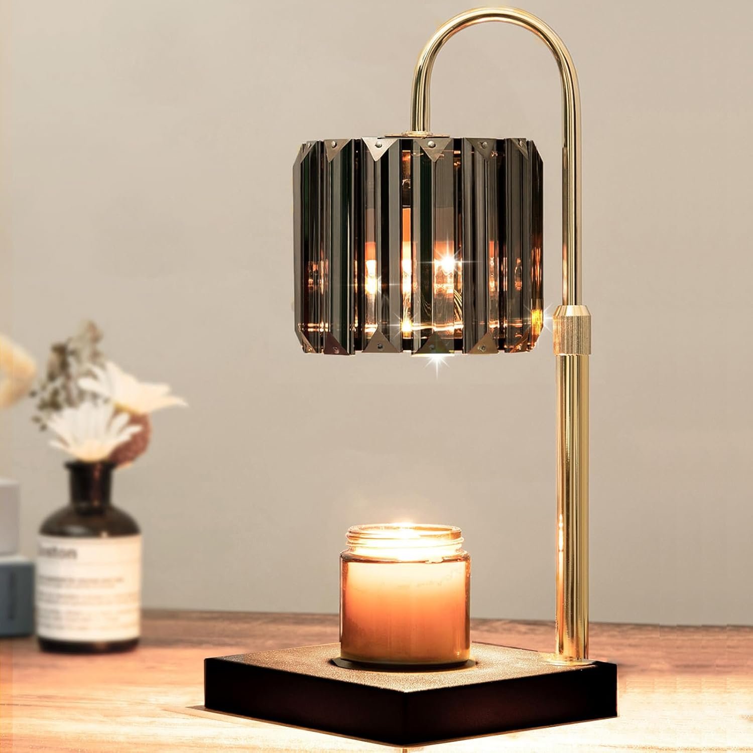 Candle Warmer Lamp with Timer, Dimmable Electric Candle Wamer Adjustable Height, Gifts for Women Mom, Glass Modern Candles Melter Lamp, Black