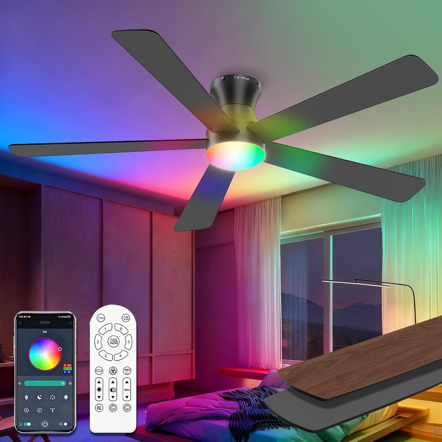 Carrefour Ceiling Fans with Lights 52 Inch Remote and App Control, Low Profile Flush Mount Modern Ceiling Fan with RGB Light, 6 Speeds Reversible DC Motor, Dimmable 3 CCT for Bedroom, Living Room