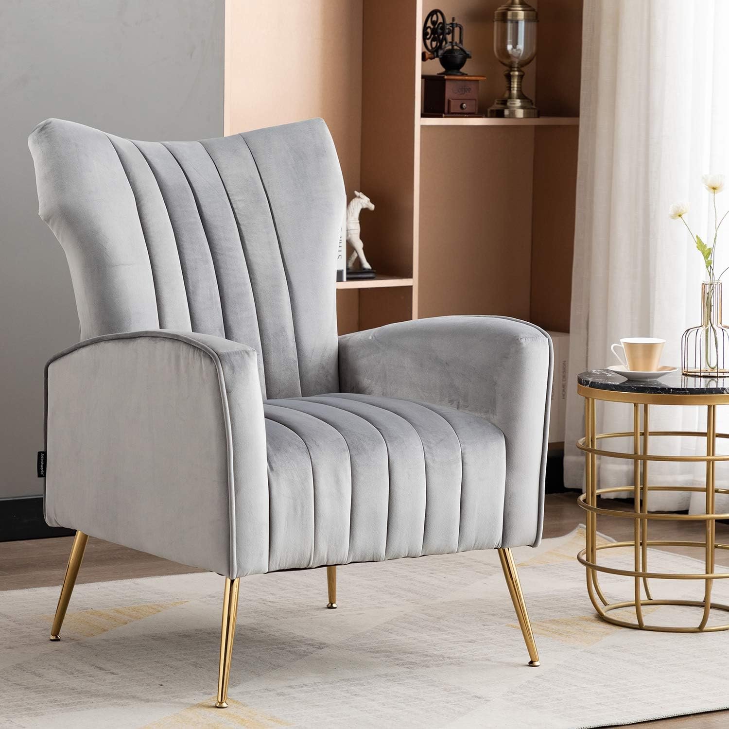 Artechworks Curved Tufted Accent Chair with Metal Gold Legs Velvet Upholstered Arm Club Leisure Modern Chair for Living Room Bedroom Patio, Grey