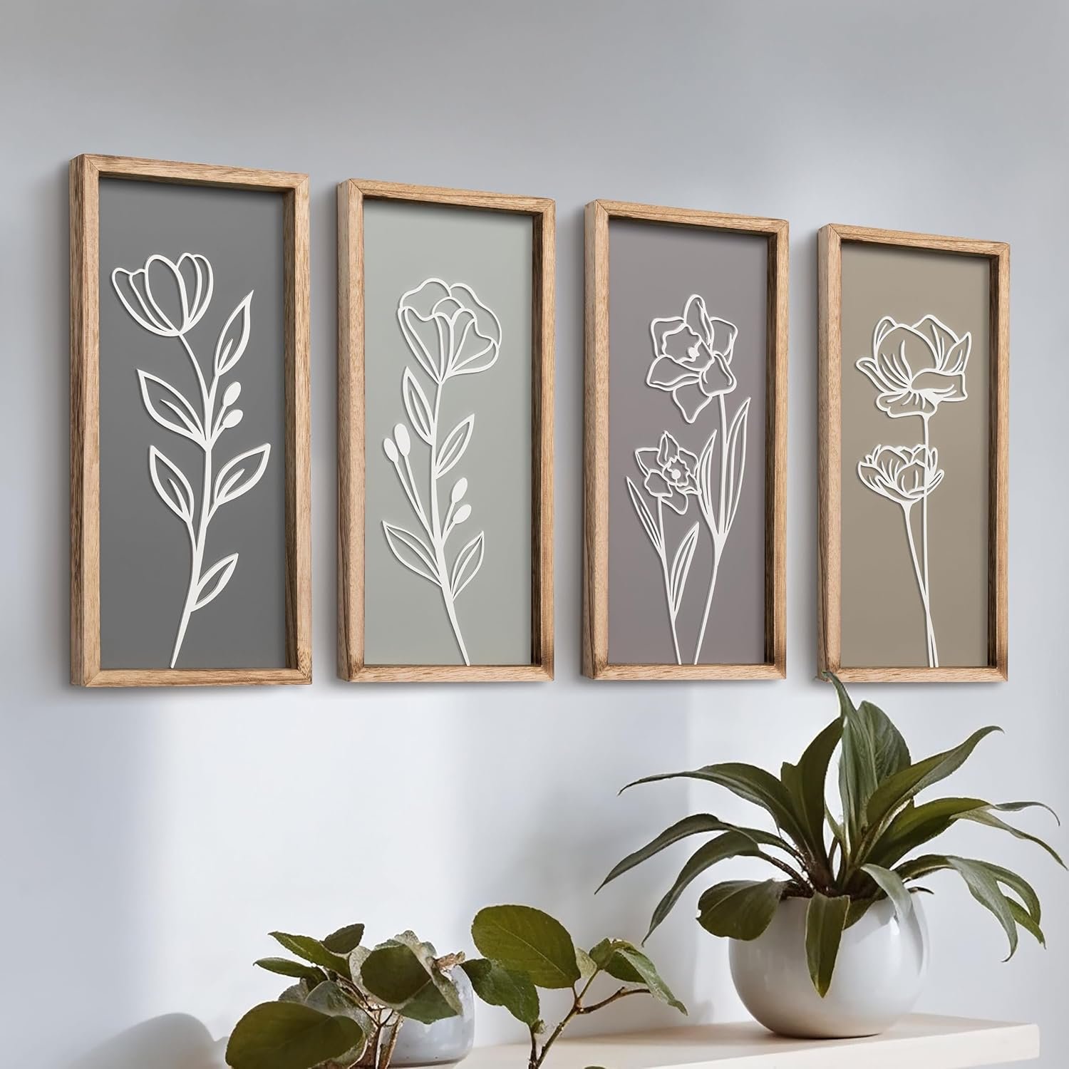 3D Wooden Floral Bathroom Wall Decor (Set of 4) Lightweight, Ready-to-Hang Framed Wall Art For Living Room, Bedroom, or Office – Premium Boho Botanical Farmhouse Decorations – Gift-Boxed
