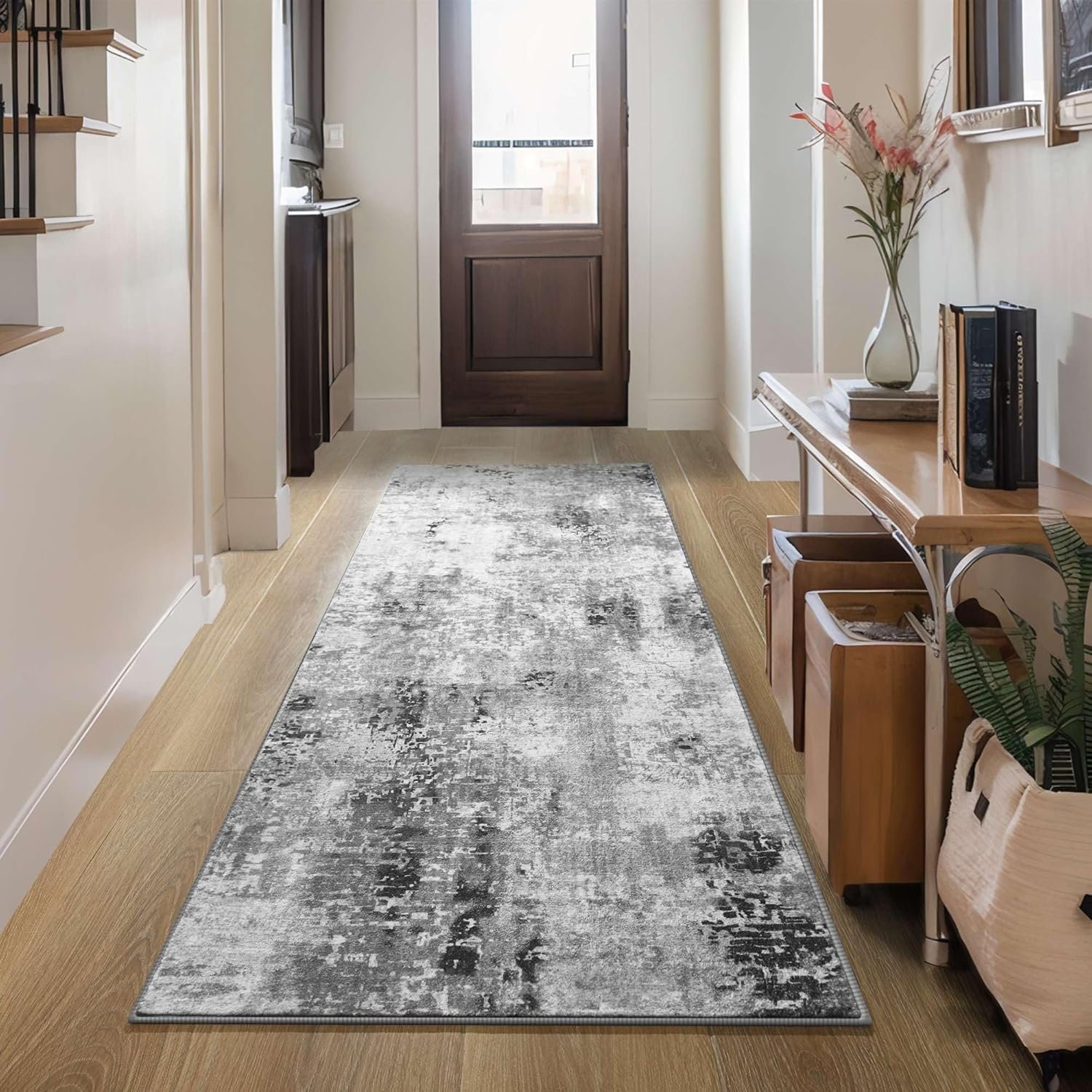 Ompaa Non Slip, Washable, Soft Abstract Long Carpet Runner Rug with Rubber Backing for Hallways, Kitchen, Bedroom, Bathroom, Entryway, Grey, 2×6 ft