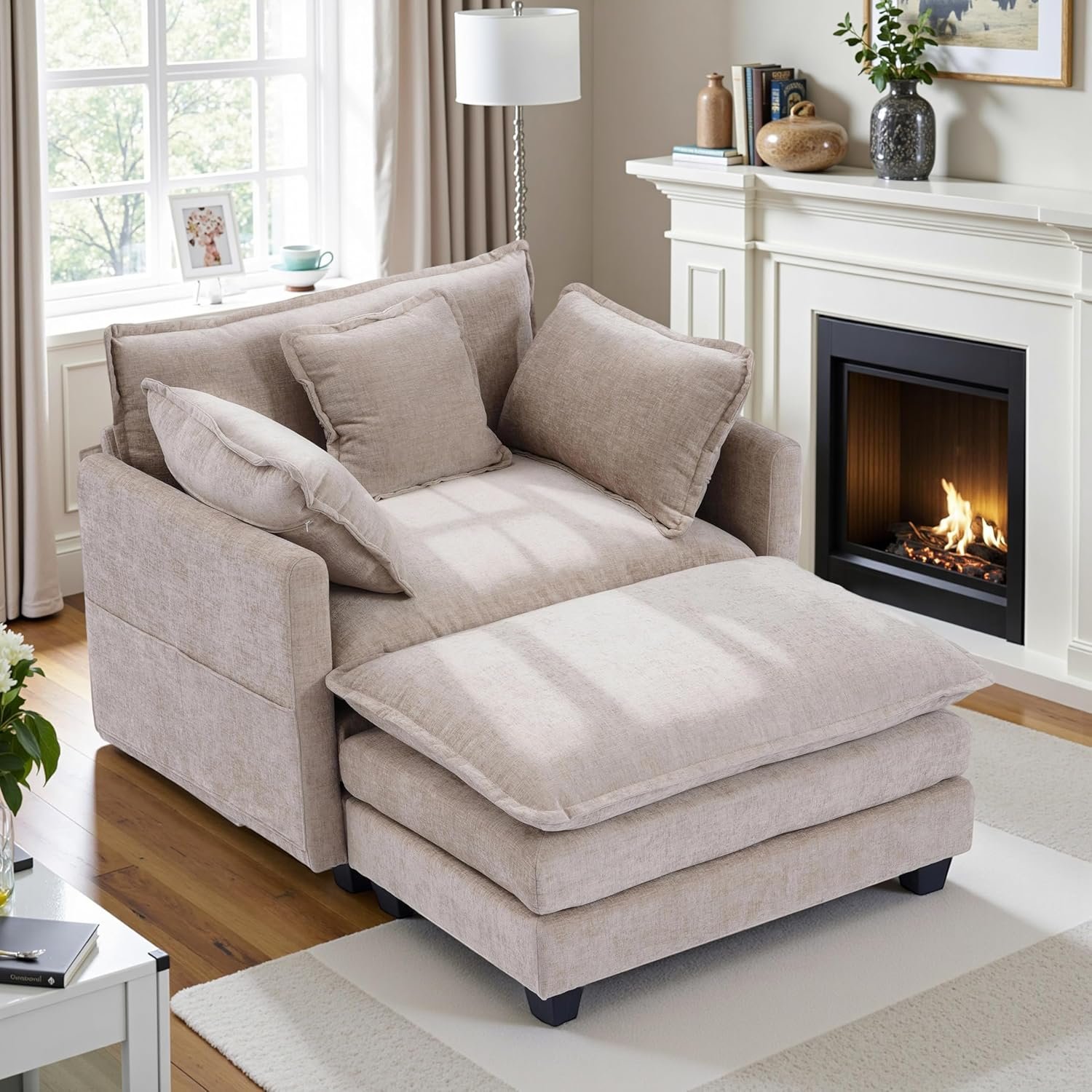 Oversized Accent Chair with Ottoman,Chenille Sofa with Deep Seat and Upholstered Armrests Comfy Oversized Chair,Reading Chairs for Bedroom,Living Room (Khaki)