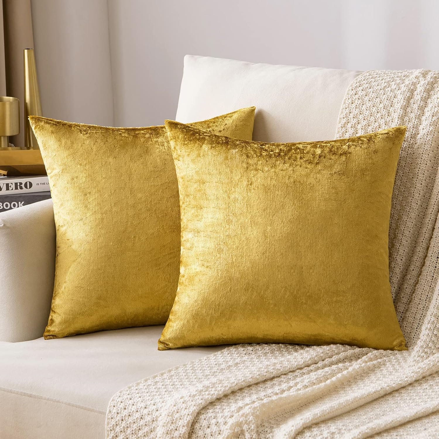 MIULEE Velvet Throw Pillow Covers 18×18 Inch, Pack of 2 – Golden, Super Soft Decorative Square Cushion Cases Modern Luxury Home Decor for Sofa, Couch, Bed, Chair