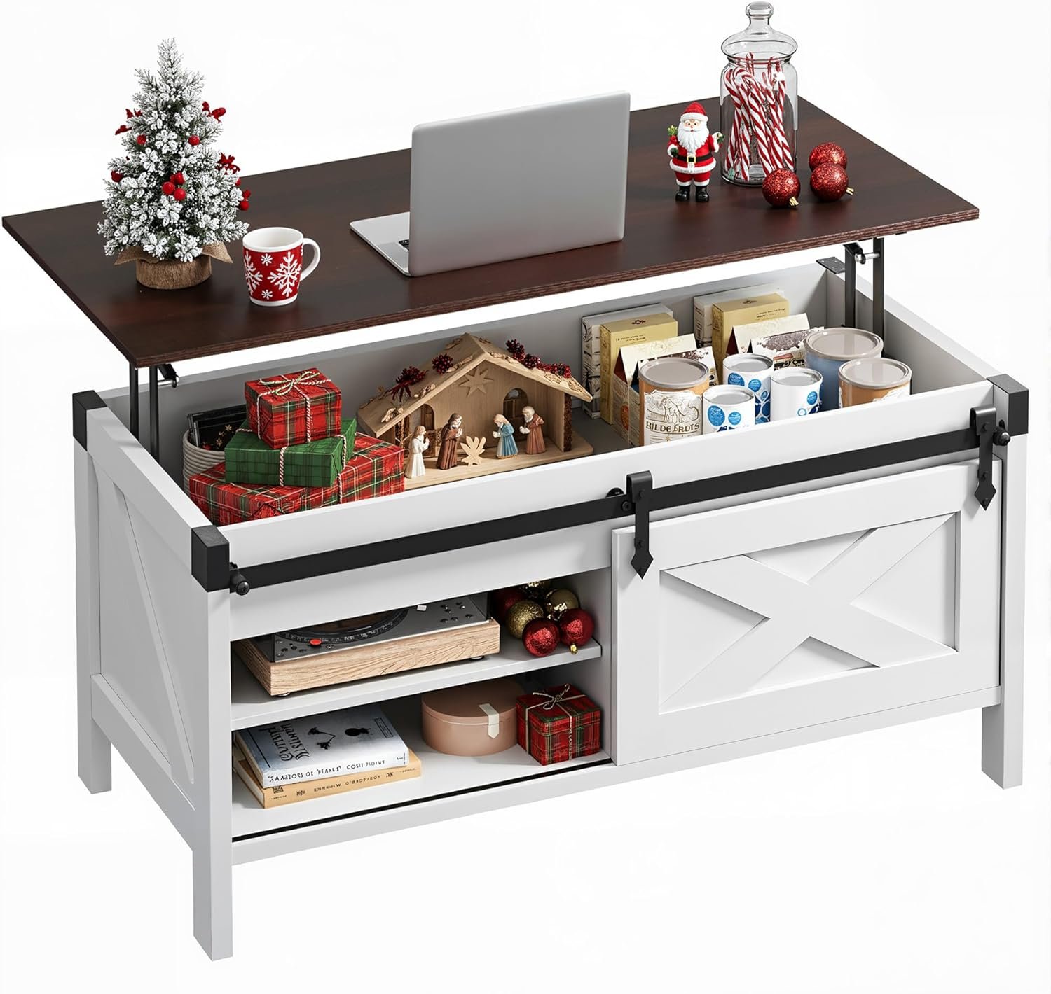 WLIVE Lift Top Coffee Table, 39.4″ Farmhouse Coffee Table with Large Hidden Storage Compartment, Sliding Barn Doors, Modern Wood Center Table for Living Room, Office, White