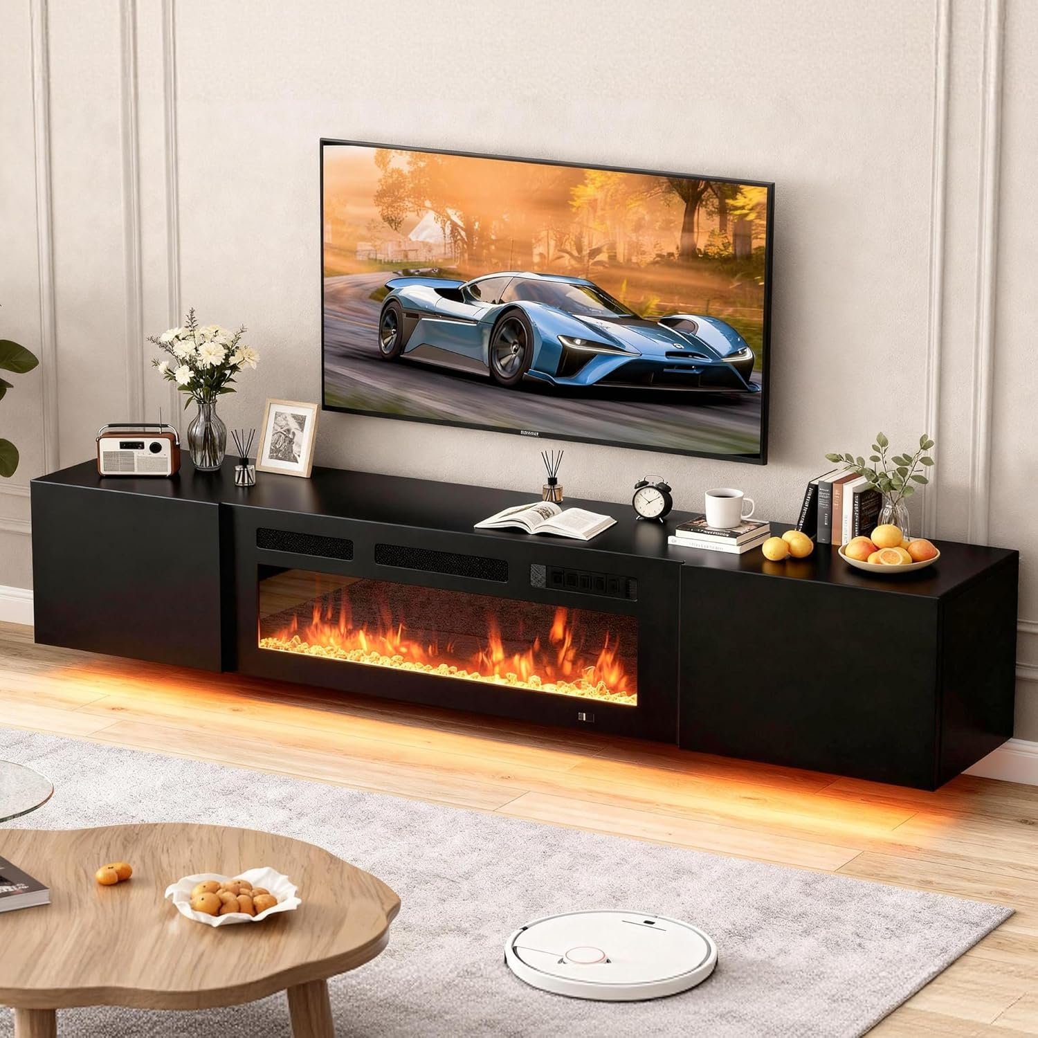 MXV 80” Floating TV Stand with 40″ Electric Fireplace, Modern TV Console Cabinet Wall Mounted, Media Entertainment Center, Adjustable 12-Color LED Lights, for Living Room, Black + Black