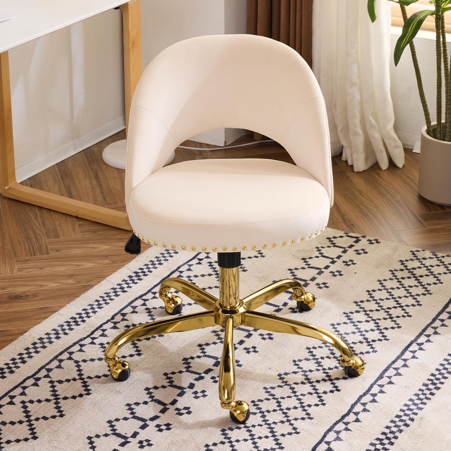 VINGLI Modern Velvet Small Office Chair,Cute Desk Chair with Wheels,Gold Base/Studs, Comfy Armless Swivel Vanity Task Chair for Women/Girl/Kids, Nail Tech Chair for Bedroom,Small Space,Beige