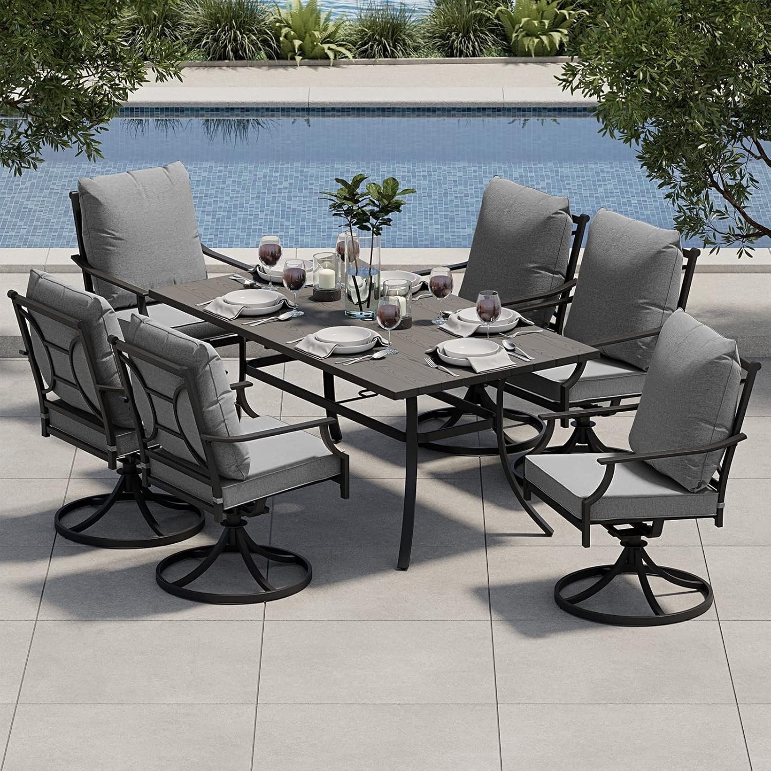 Grand patio 7-Piece Patio Dining Set for 6, E-Coated Outdoor Dining Set Swivel Patio Dining Chairs with Olefin Cushions & 1 Black Rectangular Faux Woodgrain Dining Table with 1.5”Market Umbrella Hole