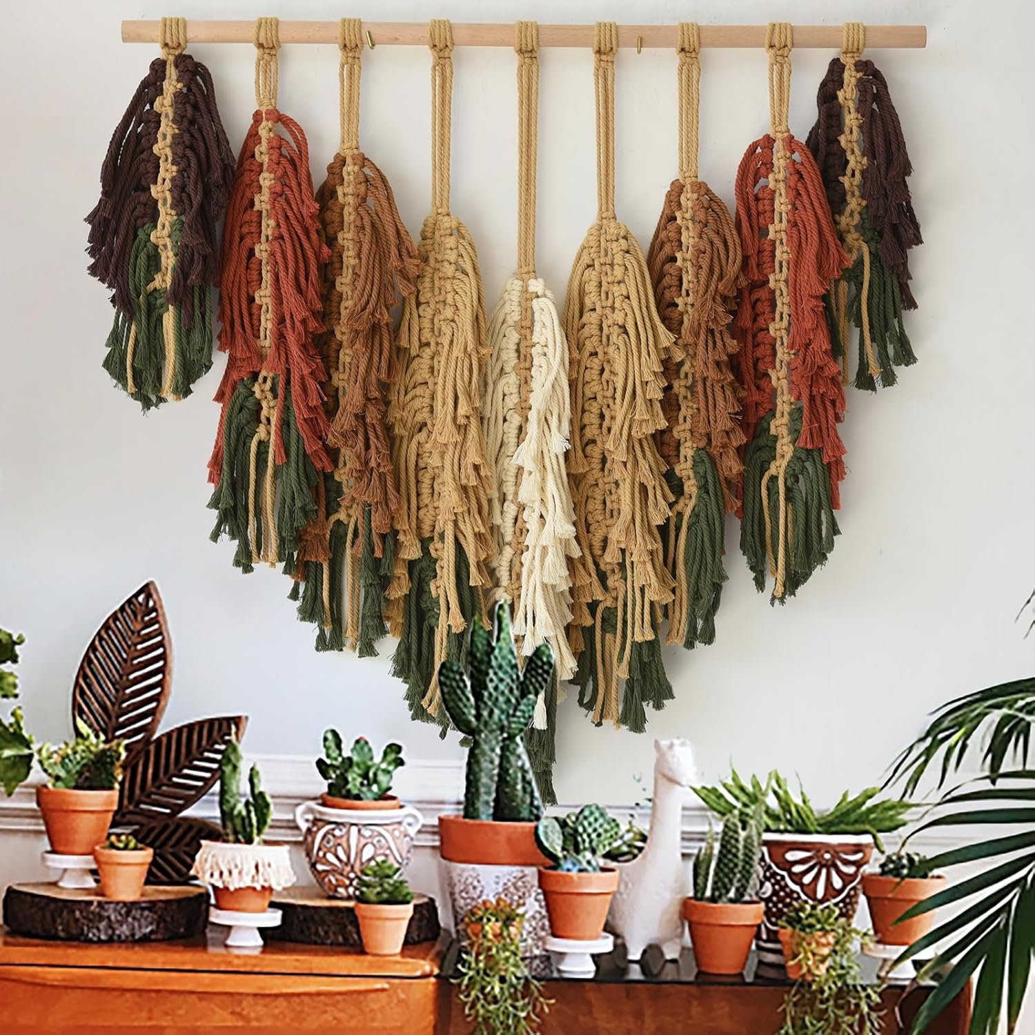 Macrame Wall Hanging with Handmade Woven Leaves Boho Feather Tapestry for Modern Apartment, Chic Dorm Decor, Cozy Bedroom or Nursery Wall Art, Leaf Wall Decor for Living Room Backdrop27″ Wx26″ L