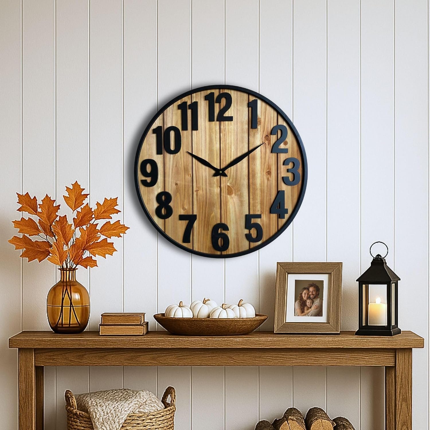 Montoire 24 Inch Wooden Farmhouse Wall Clock Large, Extra Large for Living Room Decor – Big Oversized Rustic Round Decorative Clocks for Walls, Battery Operated