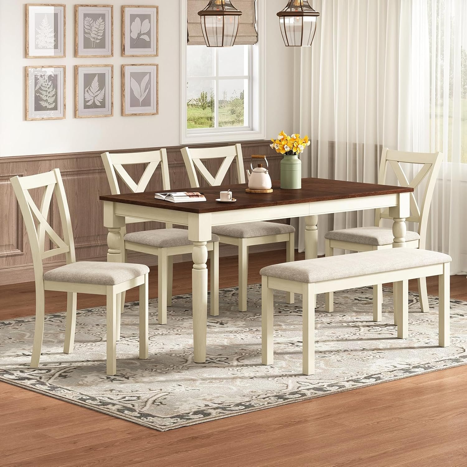 AMERLIFE 6-Piece Farmhouse Dining Table Set, 60” Solid Wood Table, 4 Upholstered Chairs and Bench, Rustic White and Walnut Finish, Seating for 6, for Kitchen or Dining Room