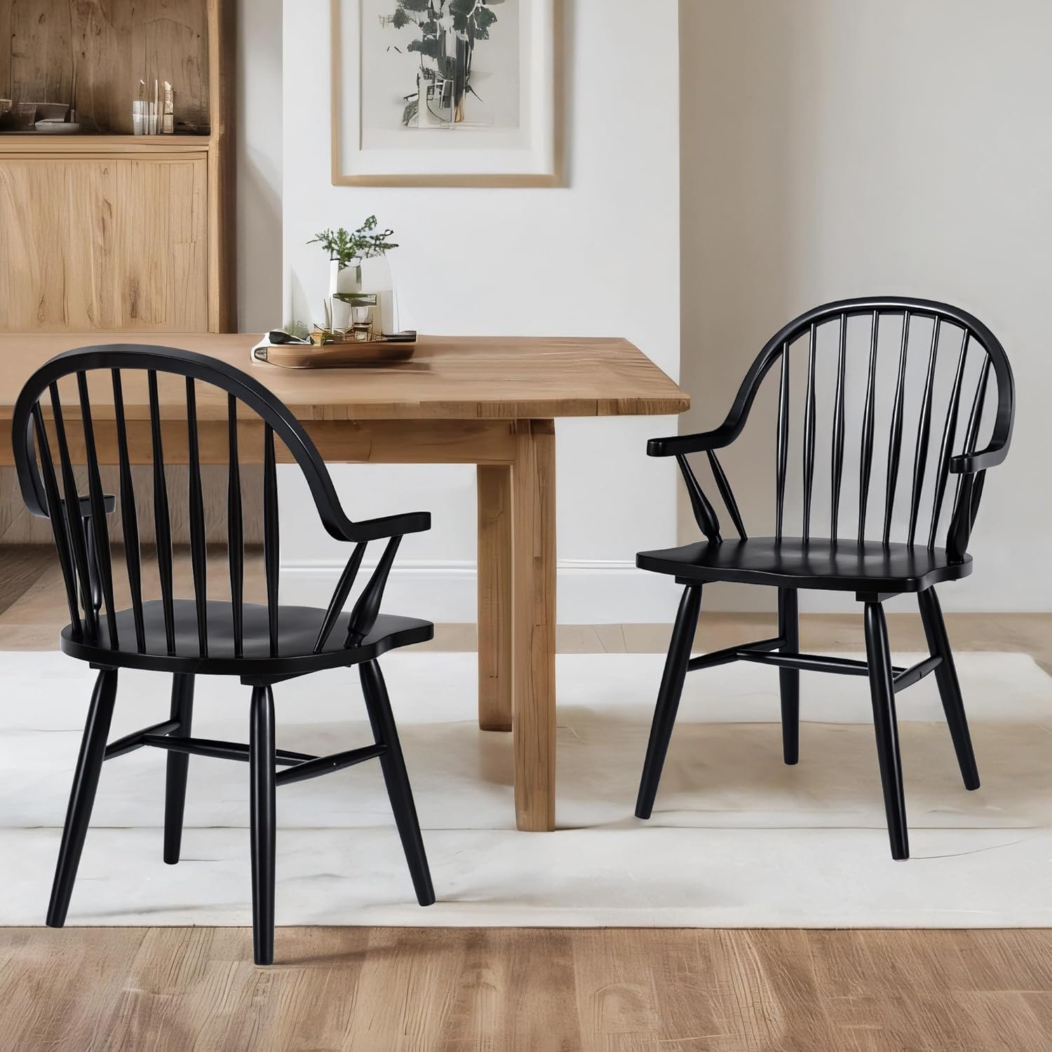 DUHOME Wooden Black Dining Chairs Set of 2, Windsor Spindle Back Dining Chair with Arms Farmhouse Solid Wood Kitchen Chairs with Curve Back, Mid Century Modern Style