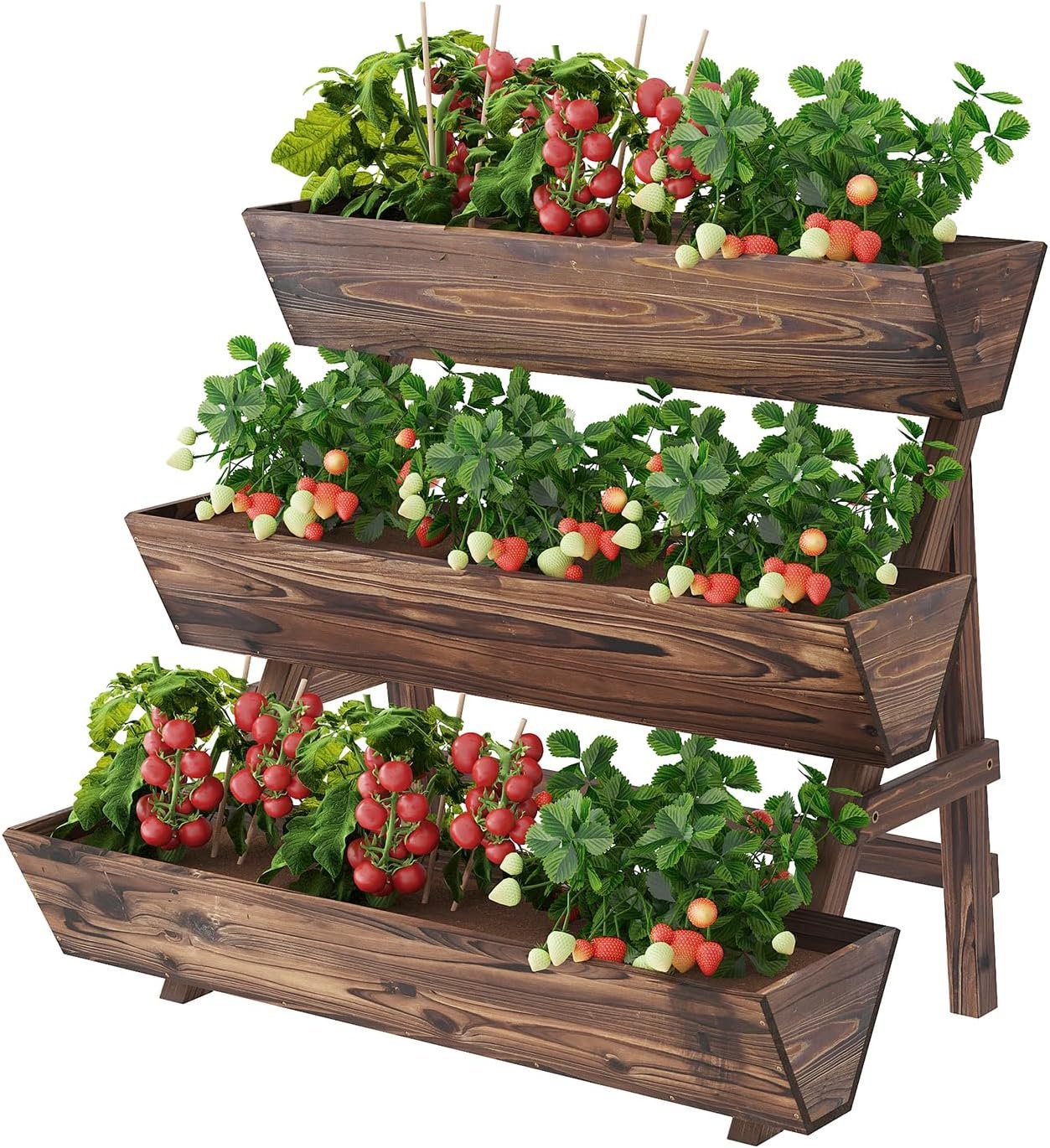 3-Tier Wooden Vertical Raised Garden Bed with Legs, Tiered Planter Box, Vertical Garden Planter,Wood Plant Stand Wood Flower Rack for Patio, Balcony, Freestanding. (Carbonized-Large)