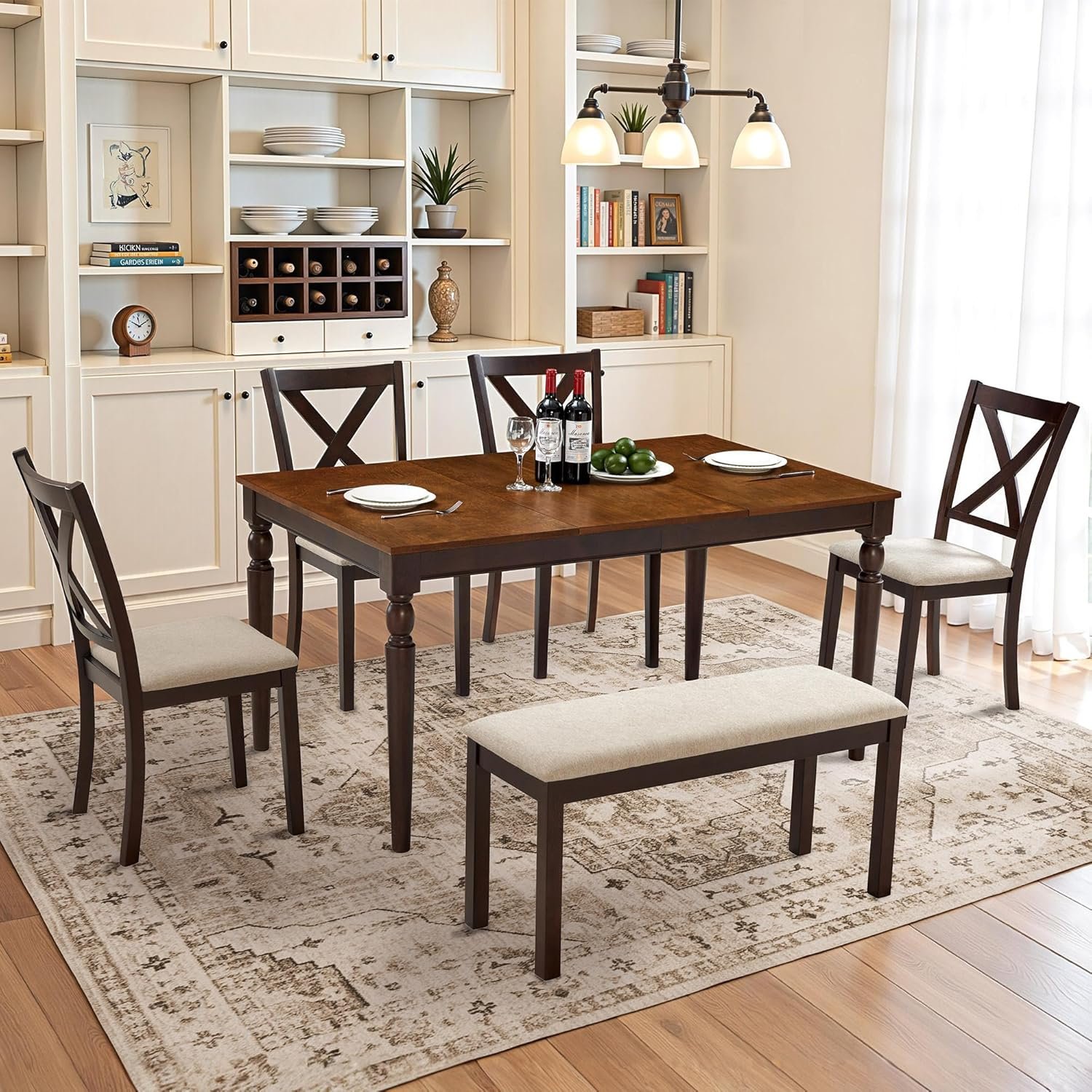 AMERLIFE 6-Piece Farmhouse Dining Table Set, 60” Solid Wood Table with 4 Upholstered Chairs & Bench, Comfortable Seating for 6, for Kitchen or Dining Room, Brown & Black Finish